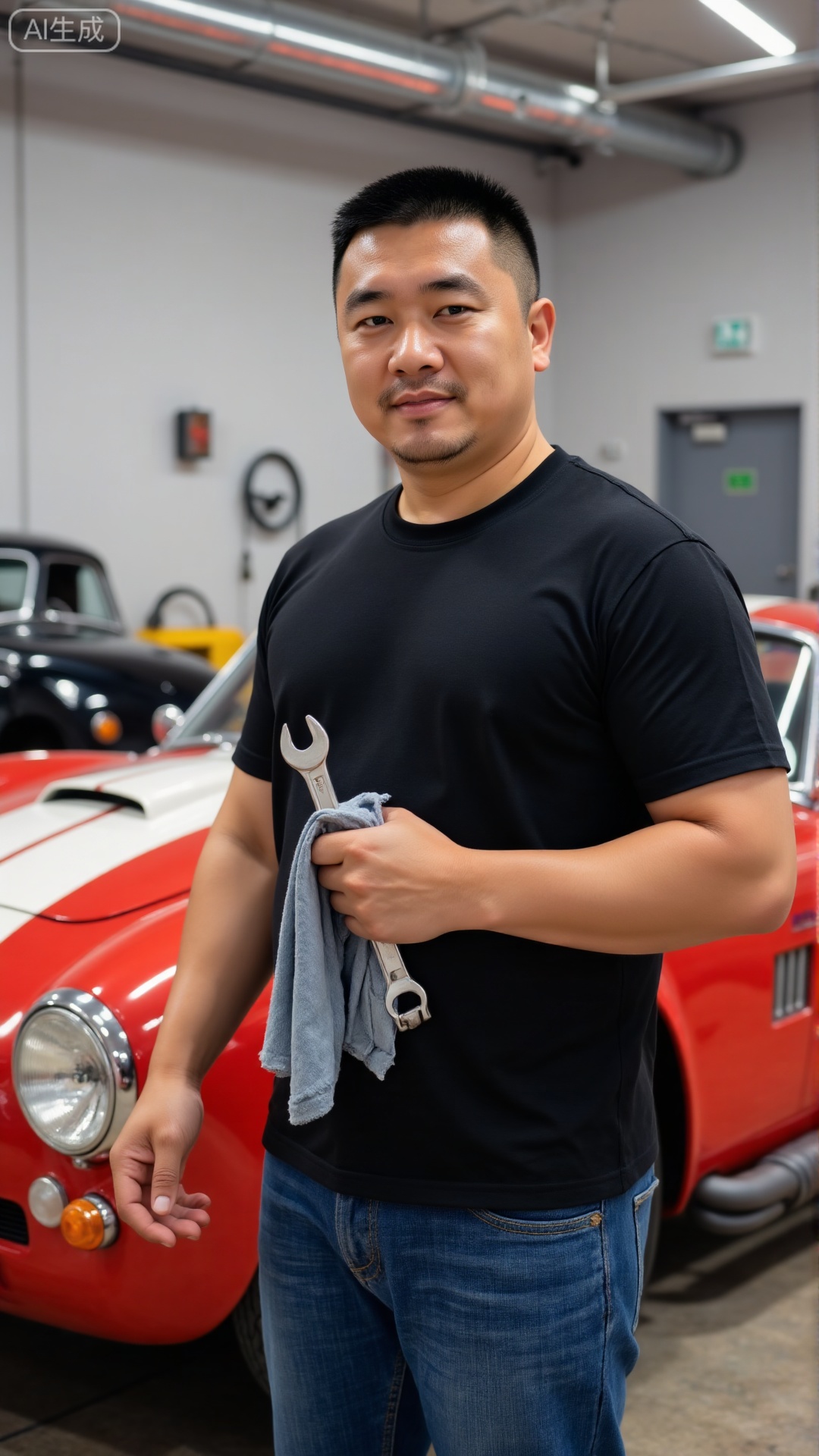 DYMAN,A 45-year-old man with thick short hair and fitted short sleeves stood next to a restored sports car, holding a wrench in his hand and a rag on his shoulder, explaining to the guests in front of him that his gestures fully reflect confidence and a faint, proud smile exudes a rough, capable manhood