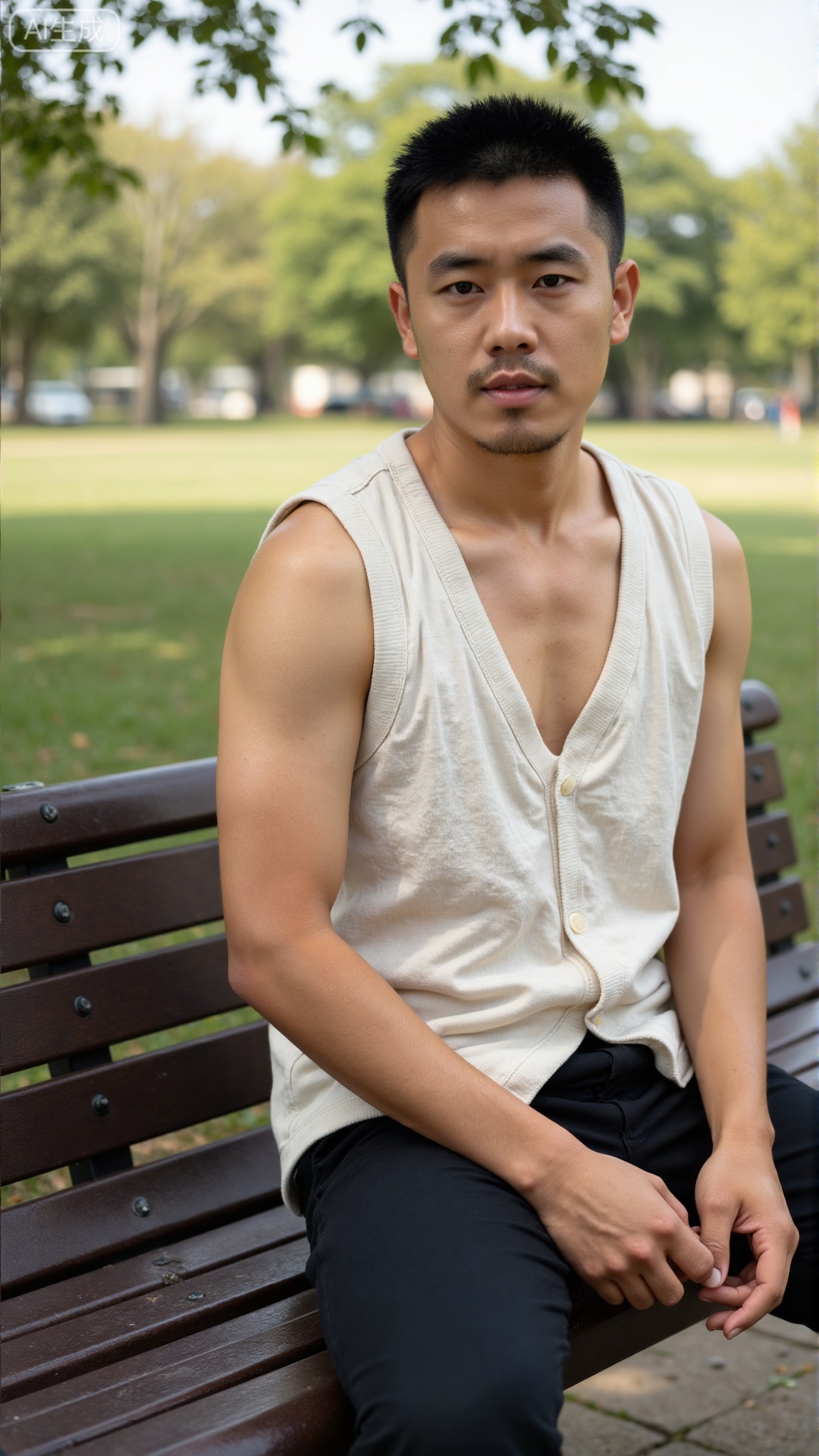 DYMAN, A young man wearing a shabby white vest sitting on a park bench, dressing artistic atmosphere