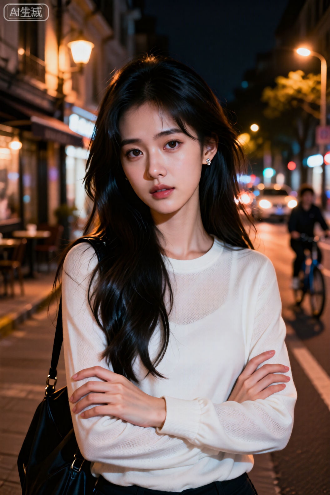 暗黑朦,隐约的淡彩+橙黄,逆朦,泛朦,对焦模糊,一个灵动成熟少女模糊人像及暗红场景,长发,年轻女性,中长黑发,佩戴小巧耳钉,鹅蛋脸型,五官精致,眨眼俏皮眼神平静直视镜头,表情自然；身着白色网眼紧身卫衣,肩挎黑色单肩包,双臂交叉于胸前；站立于夜晚城市街道（背景站在欧式咖啡厅前,商铺、行驶车辆及骑行路人）；中心构图突出主体；暖黄调光线柔和均匀；色调偏暖黄；都市夜景日常氛围；复古胶片风格；高清质感；复古胶片暖黄滤镜强化暖调氛围。長相甜美,皮膚質感細膩白淨滑溜傲人身材展现出松弛感,她身材苗條且曲線玲瓏,上身挺拔,盡顯優雅氣質。凸显身形的S型身材曲线,上围饱满挺拔,具有极简主义的视觉风格,突出动态发丝的凌乱美,超高颜值,复古,迷离,伦勃朗光,反射,折射,肌理质感,泛光模糊晕染,高噪点,胶片颗粒质感,柔焦柔和,情绪写意,前卫视觉艺术美学,大片高级感,电影美学,大师杰作,表情俏皮呆萌,冷白皮肤油亮,指甲,棕色头发,发透光,圆墨灰镜