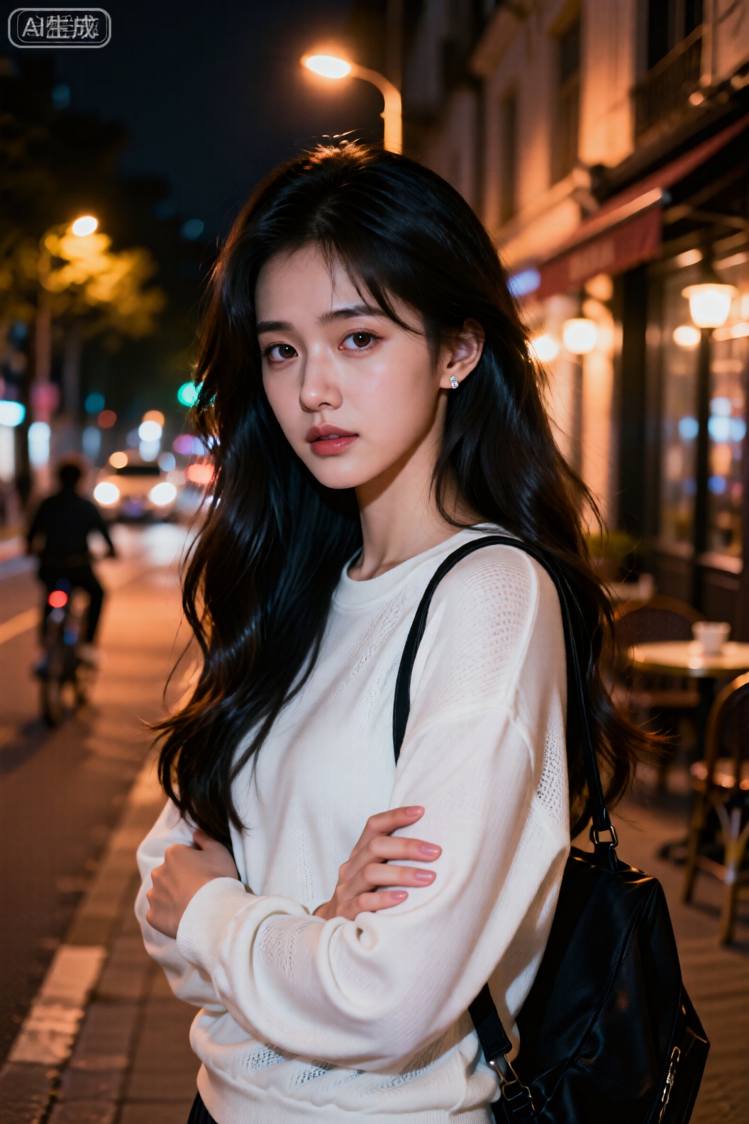 暗黑朦,隐约的淡彩+橙黄,逆朦,泛朦,对焦模糊,一个灵动成熟少女模糊人像及暗红场景,长发,年轻女性,中长黑发,佩戴小巧耳钉,鹅蛋脸型,五官精致,眨眼俏皮眼神平静直视镜头,表情自然；身着白色网眼紧身卫衣,肩挎黑色单肩包,双臂交叉于胸前；站立于夜晚城市街道（背景站在欧式咖啡厅前,商铺、行驶车辆及骑行路人）；中心构图突出主体；暖黄调光线柔和均匀；色调偏暖黄；都市夜景日常氛围；复古胶片风格；高清质感；复古胶片暖黄滤镜强化暖调氛围。長相甜美,皮膚質感細膩白淨滑溜傲人身材展现出松弛感,她身材苗條且曲線玲瓏,上身挺拔,盡顯優雅氣質。凸显身形的S型身材曲线,上围饱满挺拔,具有极简主义的视觉风格,突出动态发丝的凌乱美,超高颜值,复古,迷离,伦勃朗光,反射,折射,肌理质感,泛光模糊晕染,高噪点,胶片颗粒质感,柔焦柔和,情绪写意,前卫视觉艺术美学,大片高级感,电影美学,大师杰作,表情俏皮呆萌,冷白皮肤油亮,指甲,棕色头发,发透光,圆墨灰镜