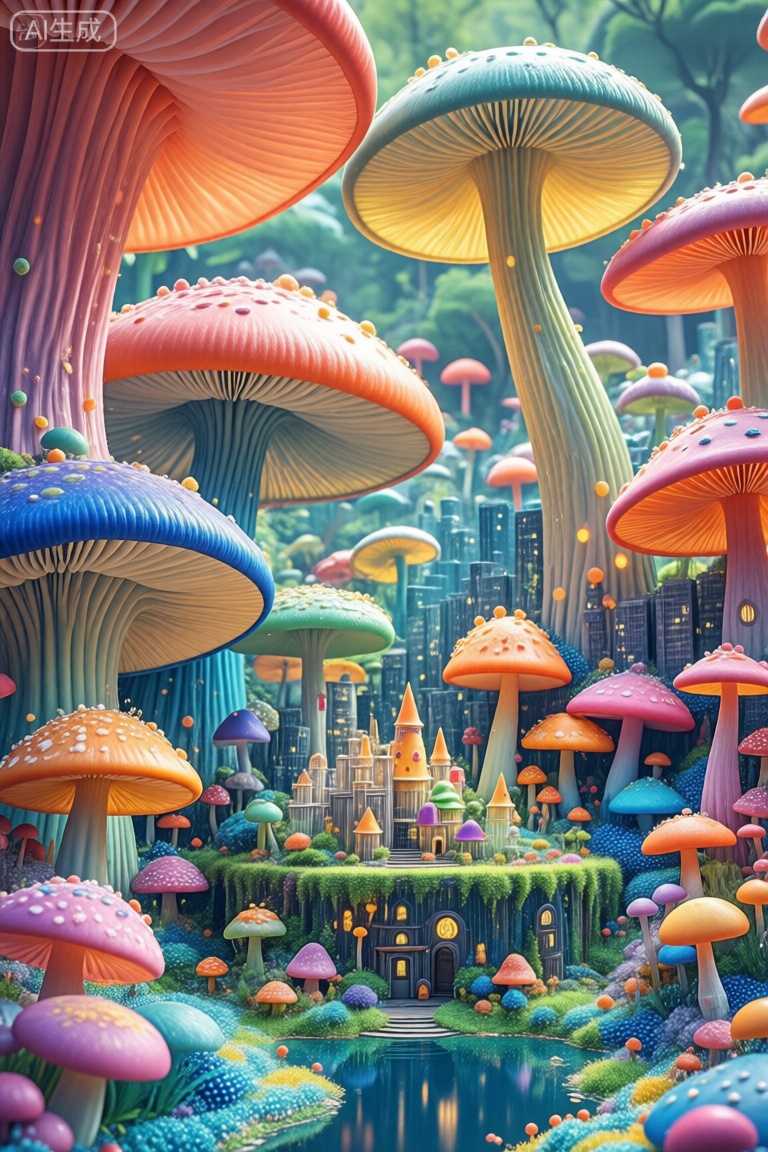 这张照片描绘了一个充满了五颜六色的大蘑菇的异想天开的景观。这些蘑菇的大小和颜色各不相同,蘑菇建筑,蘑菇小屋,蘑菇构成的许多东西,。场景设置在森林地区,蘑菇创造了一个密集,充满活力的环境。在前景中,有一个小而复杂的结构,类似于城堡或房子,周围是较小的建筑和绿色植物。地面上覆盖着五颜六色的球和植物,还有一个反射表面,可能是水,增加了超现实的气氛。背景中充满了更多的蘑菇和城市景观的模糊轮廓,将幻想与城市融为一体。。,菌类世界,蘑菇童话