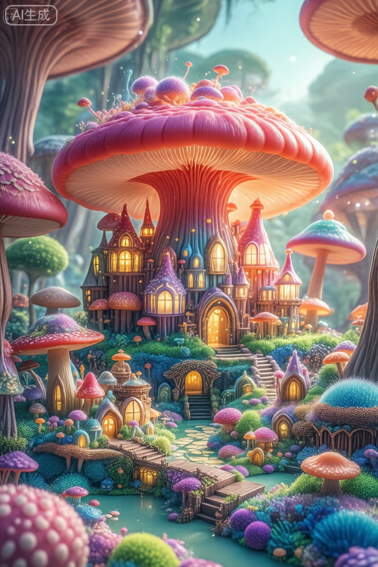 这张照片犹如梦境一般,展现了一幅奇幻的森林景观,森林中,五颜六色的蘑菇如同点点繁星,装饰着各式各样的建筑和结构,仿佛置身于童话世界,前景中,一座精巧而复杂的蘑菇城堡巍然耸立,周围环绕着较小却同样精致的建筑和翠绿的植物,地面覆盖着斑斓的蘑菇球和多彩的植被,犹如一个微型的童话王国,每一座蘑菇建筑都独具特色,散发着无尽的魅力,城堡宛如精灵的住所,屋顶由巨大的红色蘑菇组成,闪烁着迷人的光芒,墙壁则用各种颜色的蘑菇精心堆砌而成,窗户由透明的蘑菇薄膜覆盖,透出温暖的光亮,周围的较小建筑有的如同蘑菇亭子,有的形似蘑菇小屋,还有一些由蘑菇搭建的桥梁,整个蘑菇王国井井有条,充满生机,森林中的蘑菇小屋和城堡错落有致,小径两旁蘑菇球和植物竞相绽放,阳光透过树叶洒下,在地面闪烁着斑斓的光芒,蘑菇球大小不一,表面覆盖着细腻的绒毛,如同柔软的绒球,整个场景仿佛是一个令人沉醉的童话世界,让人忘却现实的烦恼,沉浸在美好与宁静之中,。,蘑菇童话