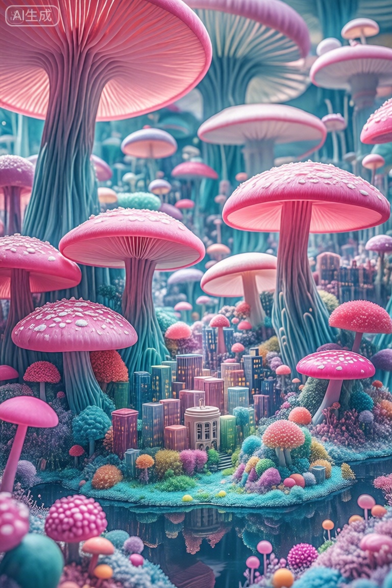 这张照片描绘了一个充满了五颜六色的大蘑菇的异想天开的景观。这些蘑菇的大小和颜色各不相同,有些有白色的斑点,有些则是纯粉色的。场景设置在森林地区,蘑菇创造了一个密集,充满活力的环境。在前景中,有一个小而复杂的结构,类似于城堡或房子,周围是较小的建筑和绿色植物。地面上覆盖着五颜六色的球和植物,还有一个反射表面,可能是水,增加了超现实的气氛。背景中充满了更多的蘑菇和城市景观的模糊轮廓,将幻想与城市融为一体。。,菌类世界,蘑菇童话