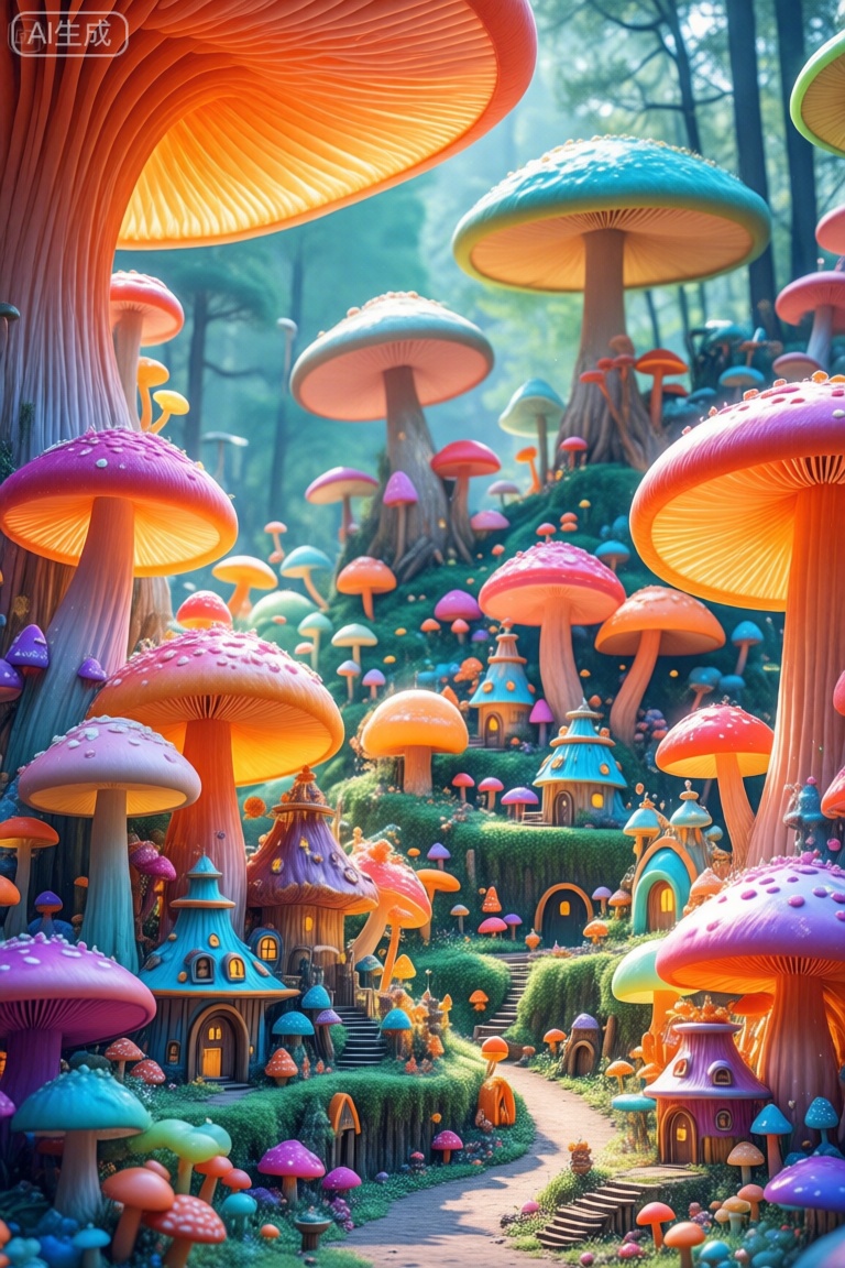 这张照片描绘了一个充满了五颜六色的大蘑菇的异想天开的景观。这些蘑菇的大小和颜色各不相同,蘑菇建筑,蘑菇小屋,蘑菇构成的许多东西,。场景设置在森林地区,蘑菇创造了一个密集,充满活力的环境。,蘑菇童话