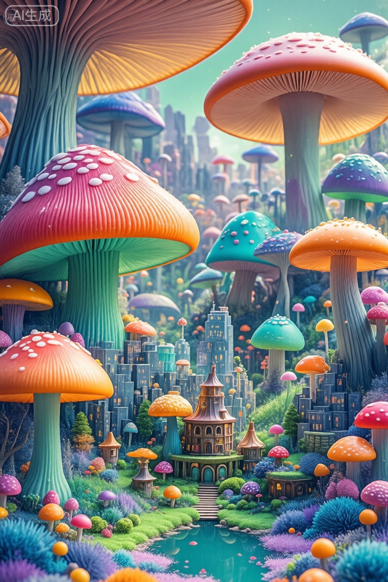 这张照片描绘了一个充满了五颜六色的大蘑菇的异想天开的景观。这些蘑菇的大小和颜色各不相同,蘑菇建筑,蘑菇小屋,蘑菇构成的许多东西,。场景设置在森林地区,蘑菇创造了一个密集,充满活力的环境。在前景中,有一个小而复杂的结构,类似于城堡或房子,周围是较小的建筑和绿色植物。地面上覆盖着五颜六色的球和植物,还有一个反射表面,可能是水,增加了超现实的气氛。背景中充满了更多的蘑菇和城市景观的模糊轮廓,将幻想与城市融为一体。。,菌类世界,蘑菇童话