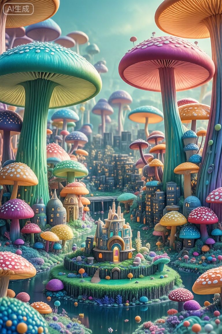 这张照片描绘了一个充满了五颜六色的大蘑菇的异想天开的景观。这些蘑菇的大小和颜色各不相同,蘑菇建筑,蘑菇小屋,蘑菇构成的许多东西,。场景设置在森林地区,蘑菇创造了一个密集,充满活力的环境。在前景中,有一个小而复杂的结构,类似于城堡或房子,周围是较小的建筑和绿色植物。地面上覆盖着五颜六色的球和植物,还有一个反射表面,可能是水,增加了超现实的气氛。背景中充满了更多的蘑菇和城市景观的模糊轮廓,将幻想与城市融为一体。。,菌类世界,蘑菇童话