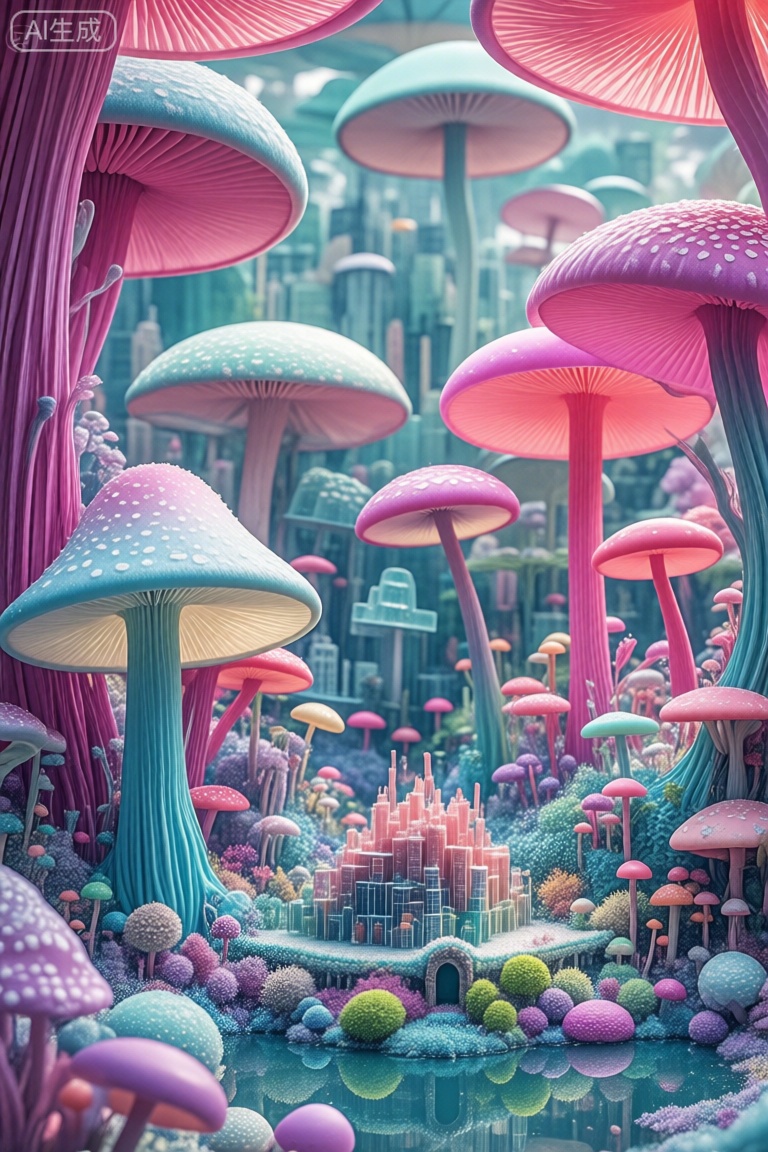 这张照片描绘了一个充满了五颜六色的大蘑菇的异想天开的景观。这些蘑菇的大小和颜色各不相同,有些有白色的斑点,有些则是纯粉色的。场景设置在森林地区,蘑菇创造了一个密集,充满活力的环境。在前景中,有一个小而复杂的结构,类似于城堡或房子,周围是较小的建筑和绿色植物。地面上覆盖着五颜六色的球和植物,还有一个反射表面,可能是水,增加了超现实的气氛。背景中充满了更多的蘑菇和城市景观的模糊轮廓,将幻想与城市融为一体。。,菌类世界,蘑菇童话
