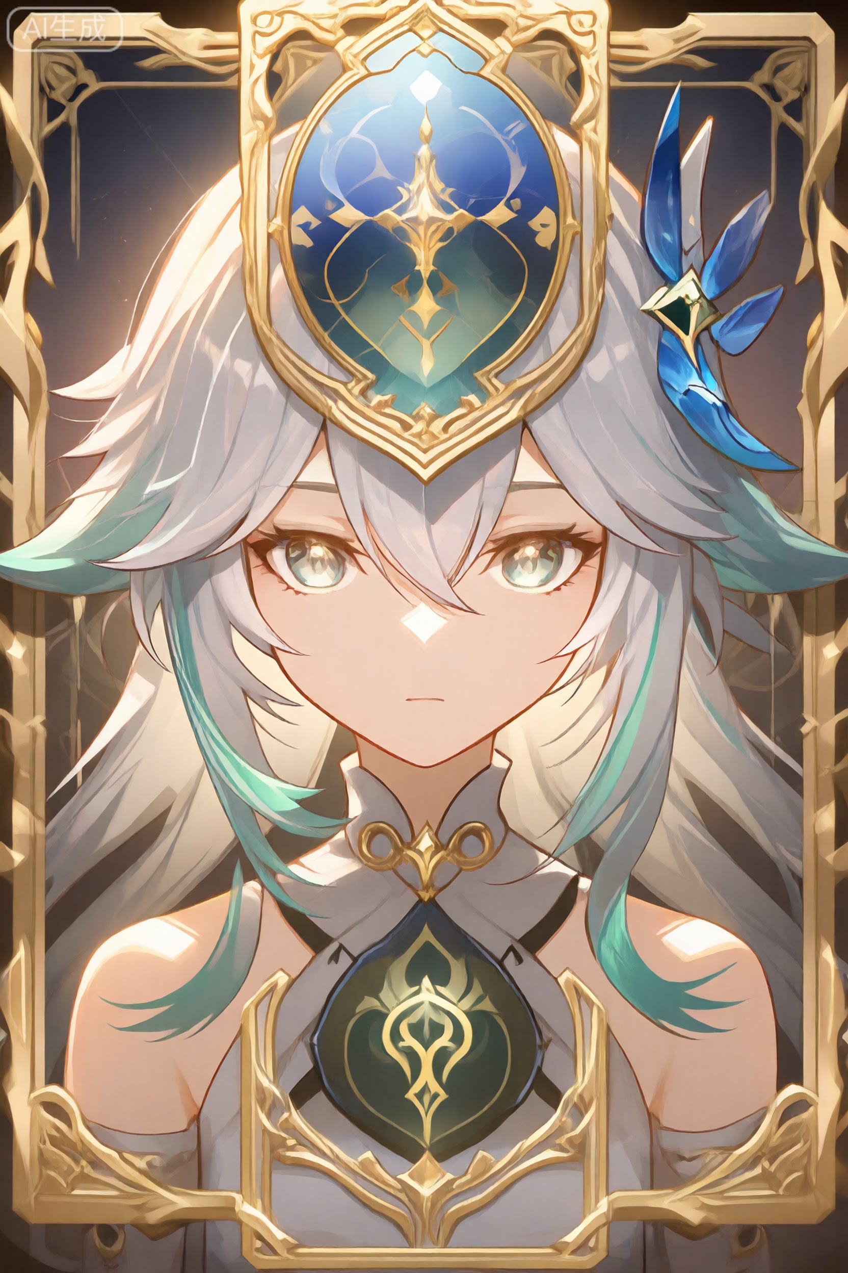 Game cards, exquisite borders, masterpieces, perfect symmetry, golden ratio, solo,NAHIDA\(genshin impact\),portrait,upper_body,highres,