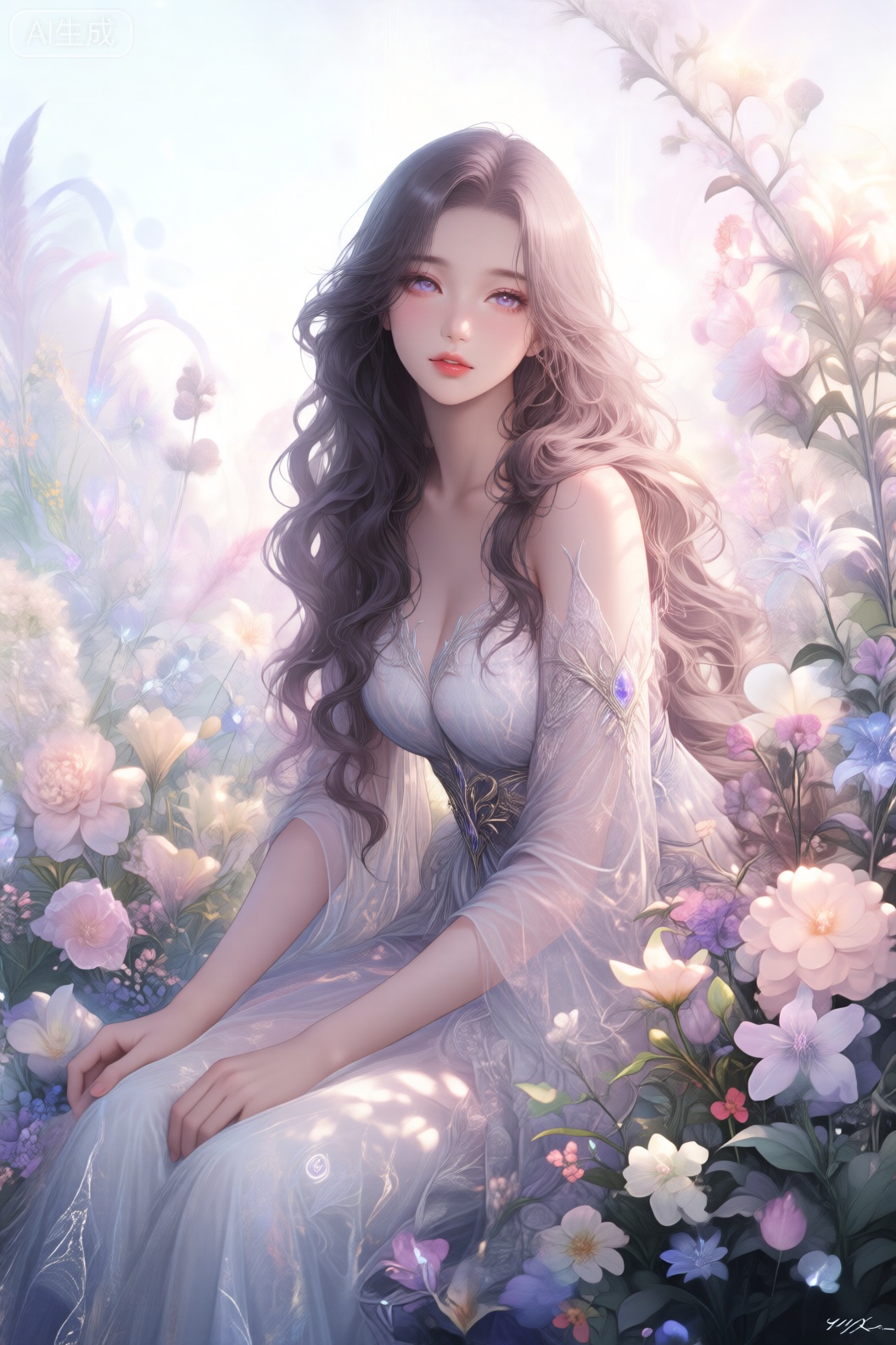 muse xyyx,masterpiece, best quality, 1 beautiful girl with long wavy hair sits in a surreal garden of glowing flowers, ethereal, soft fantasy, art by Rossdraws and wlop, intricate details, luminous pastel colors, dreamy atmosphere, soft light, cinematic lighting, 8k resolution