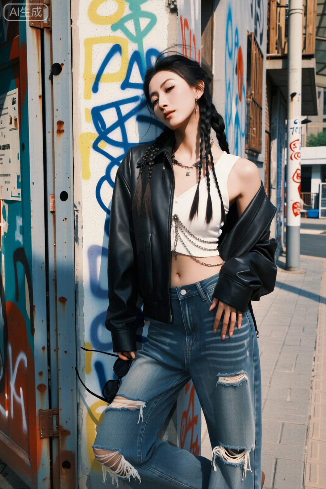 画面中的女性身着一件黑色短款皮夹克,内搭一件带有金属链条装饰的白色露脐背心,下身是一条破洞设计的蓝色牛仔裤,整体造型酷帅时尚。她表情不羁,微微扬起下巴,眼神中透着一股叛逆的劲儿,嘴角带着一丝玩世不恭的微笑。一头黑色长发编成多条鱼骨辫垂在胸前。她以一种随意又帅气的姿态倚靠在涂鸦墙前,一只手插兜,另一只手拿着一副墨镜。画面风格契合时尚杂志的街头潮流主题,场景设定在充满艺术气息的街头小巷,墙壁上满是色彩斑斓的涂鸦。光线为午后强烈的阳光,形成清晰的光影,部分阴影投射在人物身上。渲染注重细节质感,色彩丰富且富有冲击力,采用对角线构图增加画面动感,镜头采用近景视角,添加复古胶片滤镜,营造出自由、随性且充满潮流态度的情感氛围。
