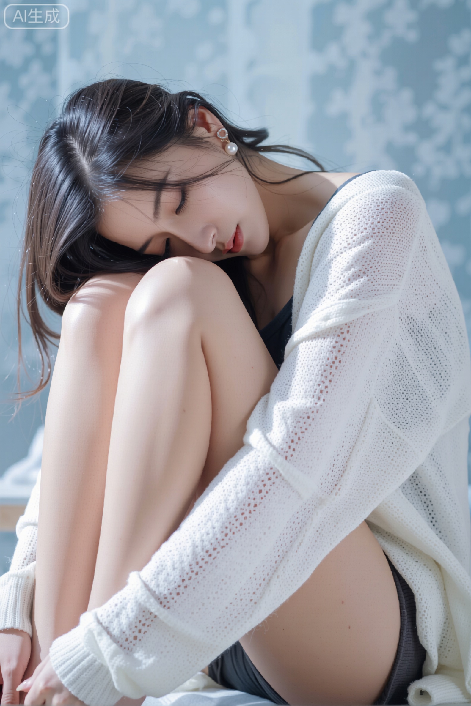 画面中,女子呈现出温柔恬静的姿态：双膝紧紧收拢,小腿贴合大腿内侧,形成圆润紧致的弧度；上半身微微向膝盖方向蜷缩,身披一件白色的针织开衫,衣料的镂空纹理透着轻柔感,内搭深色衣物,与肌肤的白皙形成柔和对比。她的长发自然垂落,发梢微卷,珍珠耳饰在光线里泛着温润光泽。背景是淡蓝色的柔和色调,似带着朦胧的纹理,整体氛围像被一层柔光滤镜包裹,光线轻柔地洒在她身上,营造出静谧、治愈的居家或室内场景感,每一处细节都传递出“温柔松弛” 的气质。