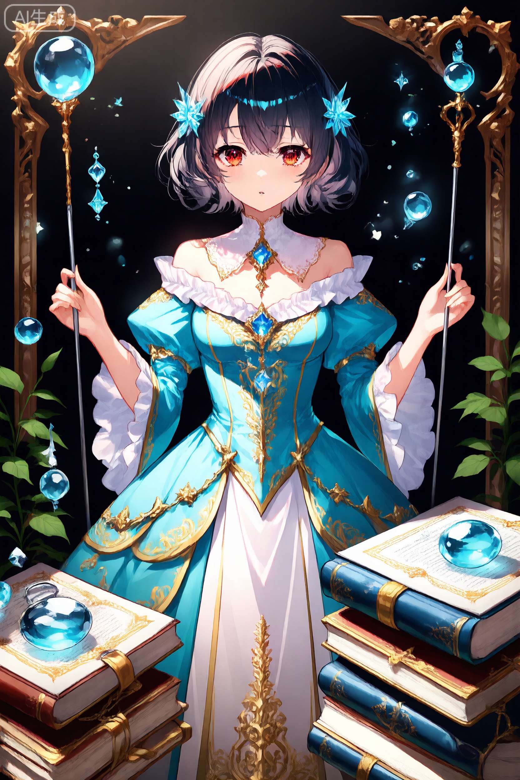  Realistic,(masterpiece:1.2),(best quality:1.2),(ultra detailed:1.2),(official art:1.3),(beauty and aesthetics:0.9),detailed,(intricate:0.7),(highly detailed),1girl, chinese girl, (solo),Magic sticks, grimoires, (highly detailed),delicate countenance,fancy,(glassy texture:1.2),accessory,gown,(crush:1.2),