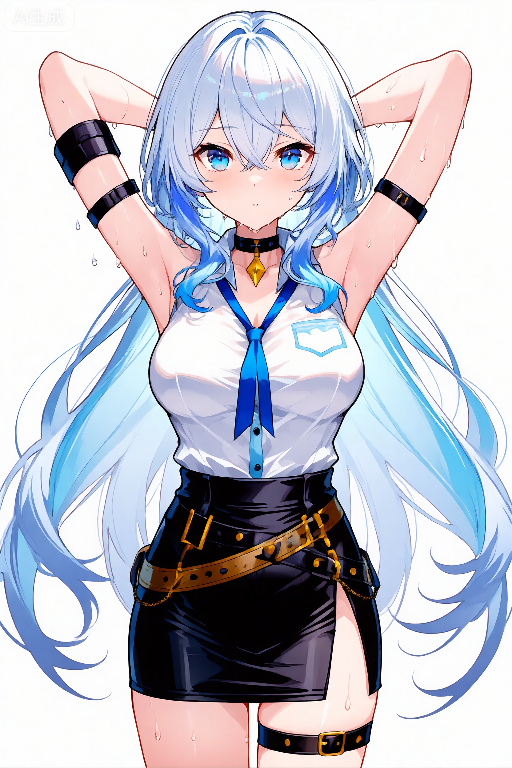 1girl, solo, long hair, skirt, breasts, shirt, high-waist skirt, wet, sleeveless, armpits, purple eyes, arms up, sleeveless shirt, looking at viewer, blue hair, white background, very long hair, multicolored hair, hair between eyes, simple background, white shirt, choker, black skirt, wet clothes, thigh strap, pencil skirt, arm strap, cowboy shot, clorinde \(genshin impact\)