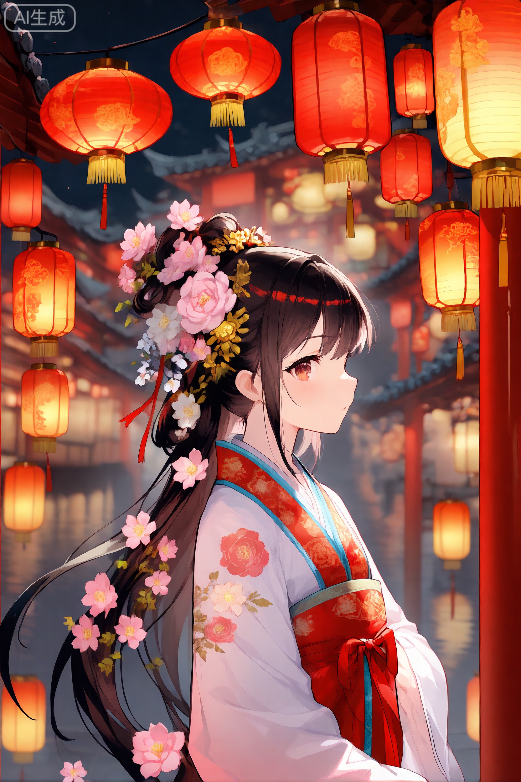 An ancient China girl, dressed in China ancient Hanfu, hung with red, China red and red lanterns, was photographed from the side, all over her body, her hair stuck and her hair flowered.