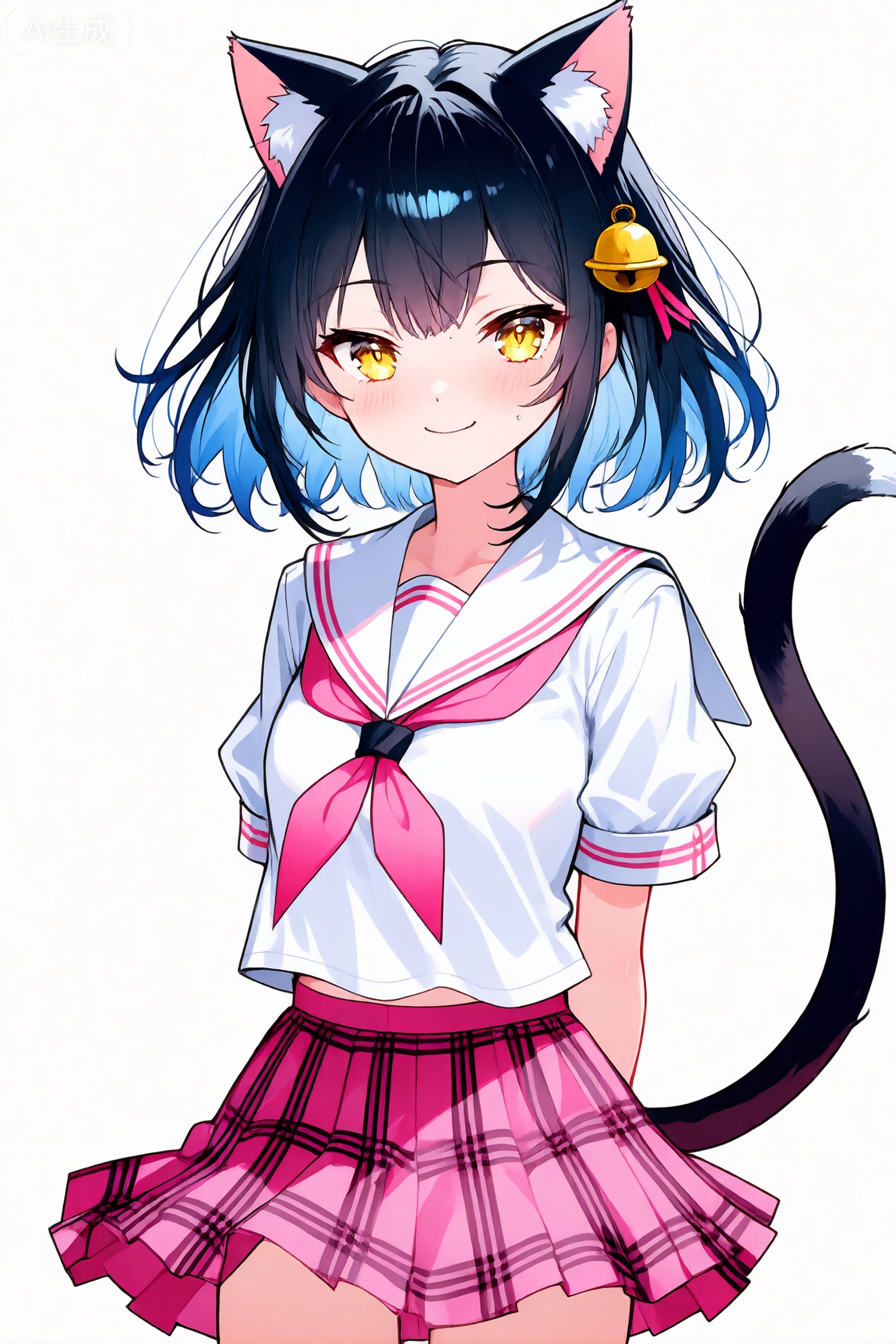 1girl, animal ears, solo, skirt, tail, bell, pink skirt, yellow eyes, cat ears, cat tail, neck bell, short sleeves, black hair, plaid, smile, school uniform, sailor collar, plaid skirt, shirt, white shirt, looking at viewer, white sailor collar, cat girl, closed mouth, blush, short hair, collar, neckerchief, puffy sleeves, animal ear fluff, white background, jingle bell, pleated skirt, blue hair, multicolored hair, puffy short sleeves, serafuku