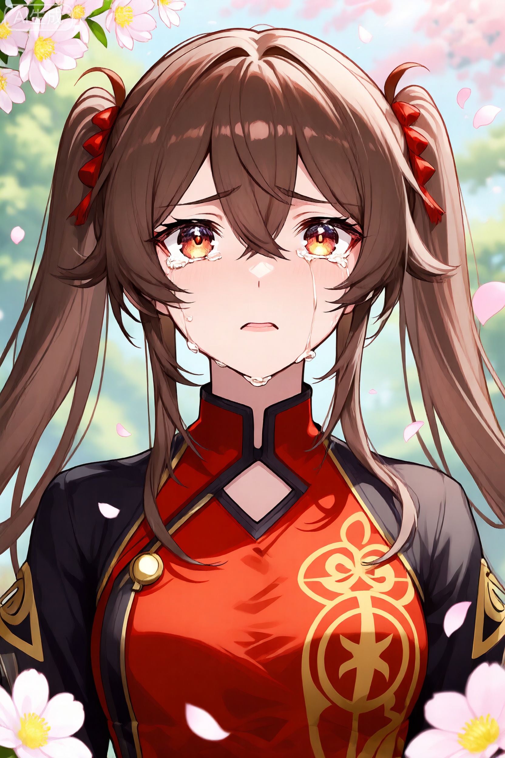 hu tao \(genshin impact\), crying, brown hair, solo, tears, long hair, crying with eyes open, flower-shaped pupils, twintails, sad, upper body, petals, blurry, shirt, parted lips, flower, outdoors, blurry background, symbol-shaped pupils, brown eyes, red shirt