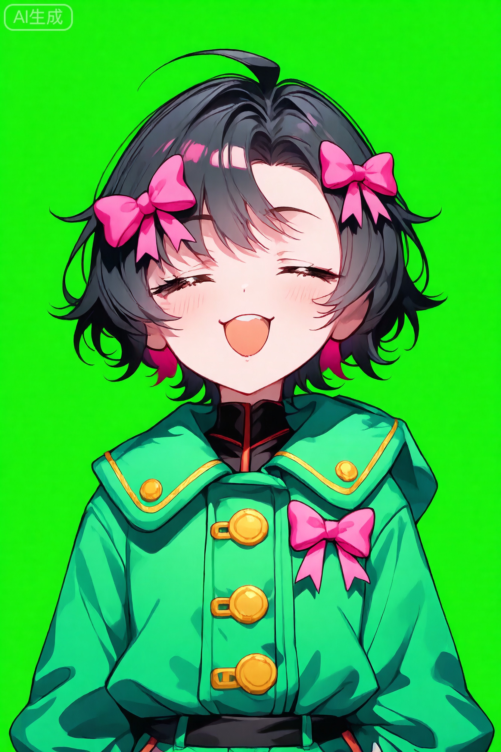 An animated character with a playful expression, adorned in a green jacket with pink bows, stands against a vibrant green background