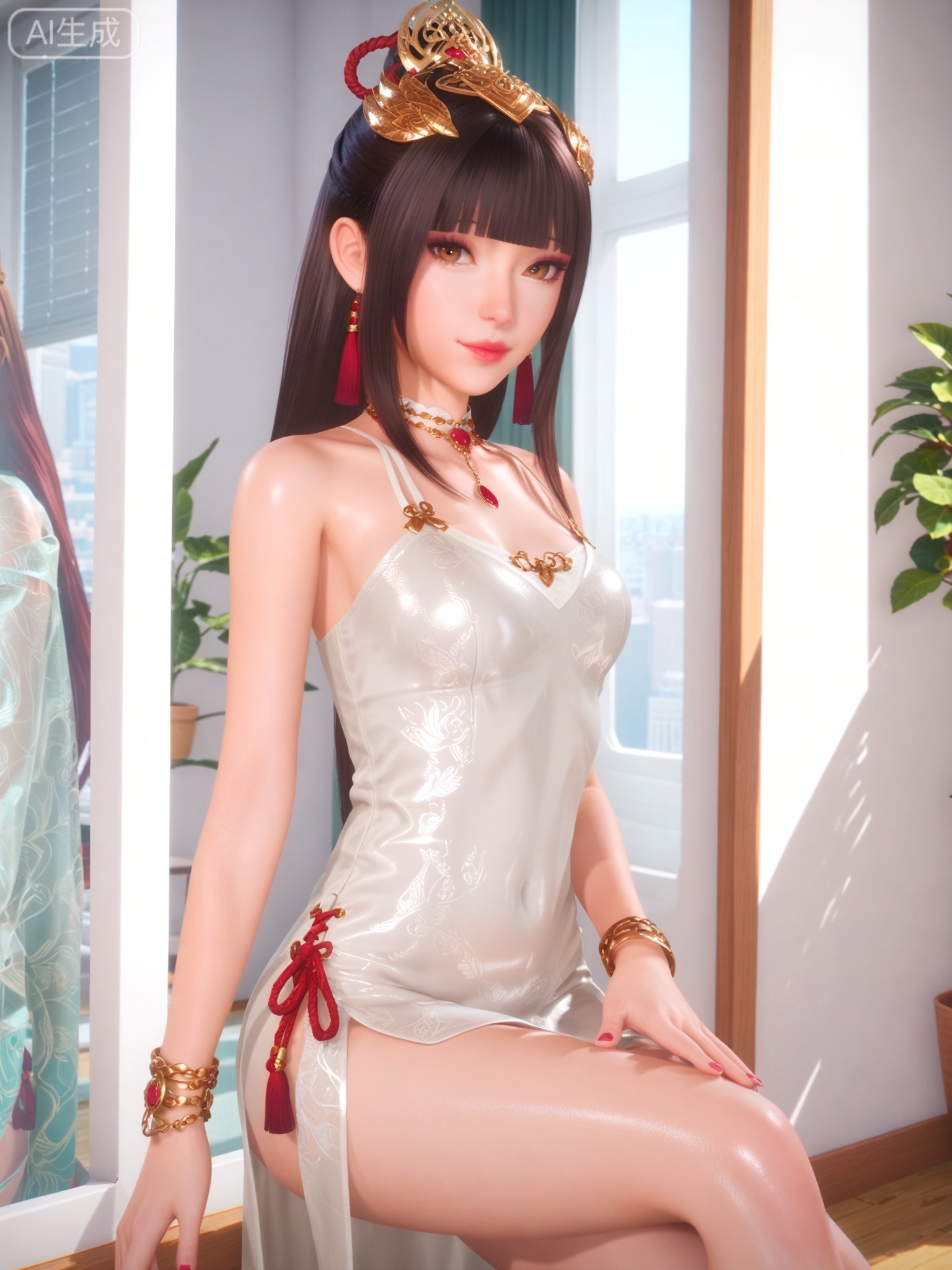 score_9,score_8_up,score_7_up,1girl,looking_at_viewer,realistic,photorealistic,1girl,Vivid Colors,bright environment,shiny skin,detail eyes,Eyes highlights,extreme detail description,(full body:0.8),light,sunshine,bright,reflection,bright,sunshine on face,shiny,shinny,petite,thin,leg slimming,lose weight,slim hips,lakeside,delicate water,reflection,specular reflection,sitting_down,bracelet,chinese clothes,brown eyes,black-hair,white dress,