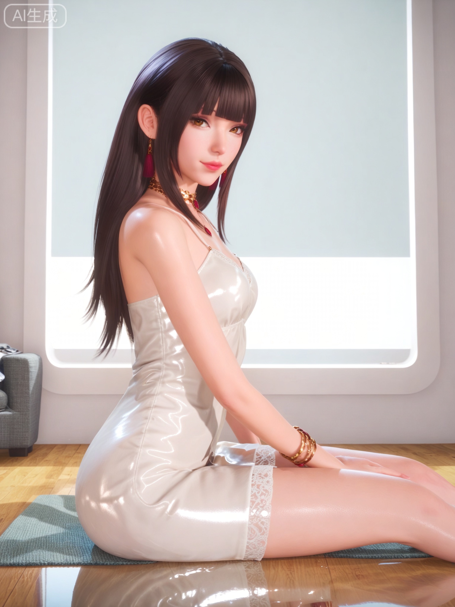 score_9,score_8_up,score_7_up,1girl,looking_at_viewer,realistic,photorealistic,1girl,Vivid Colors,bright environment,shiny skin,detail eyes,Eyes highlights,extreme detail description,(full body:0.8),light,sunshine,bright,reflection,bright,sunshine on face,shiny,shinny,petite,thin,leg slimming,lose weight,slim hips,lakeside,delicate water,reflection,specular reflection,sitting_down,bracelet,brown eyes,black-hair,white dress,