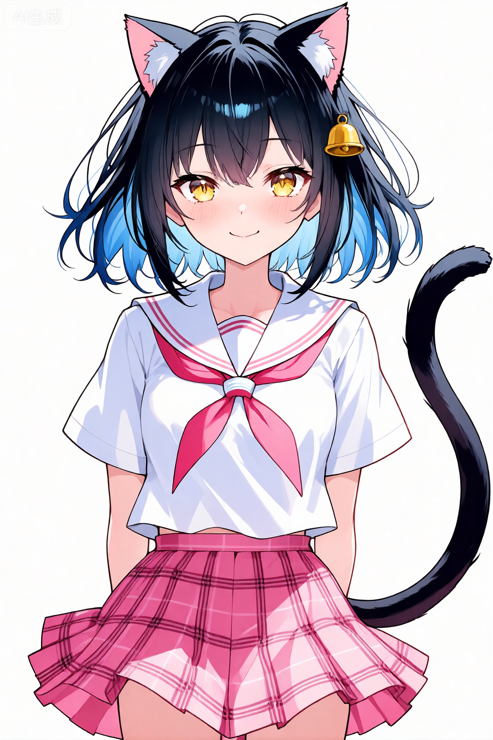 1girl, animal ears, solo, skirt, tail, bell, pink skirt, yellow eyes, cat ears, cat tail, neck bell, short sleeves, black hair, plaid, smile, school uniform, sailor collar, plaid skirt, shirt, white shirt, looking at viewer, white sailor collar, cat girl, closed mouth, blush, short hair, collar, neckerchief, puffy sleeves, animal ear fluff, white background, jingle bell, pleated skirt, blue hair, multicolored hair, puffy short sleeves, serafuku