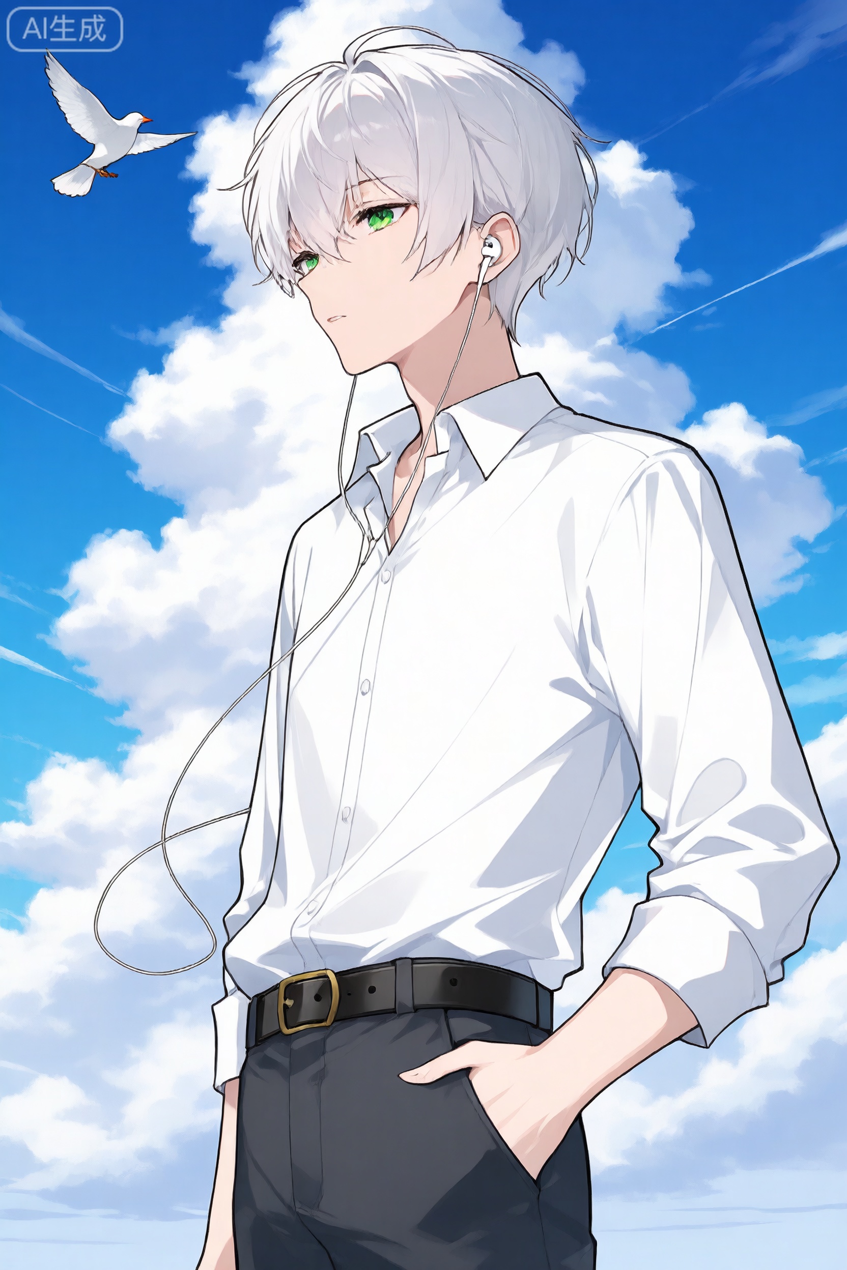  (best quality), ((masterpiece)), (highres), illustration, original, extremely detailed,jjj,1boy, male focus, solo, outdoors, sky, green eyes, hand in pocket, shirt, earphones, cloud, artist name, bird, day, belt, pants, white hair, fence, earbuds, white shirt, long sleeves, looking to the side