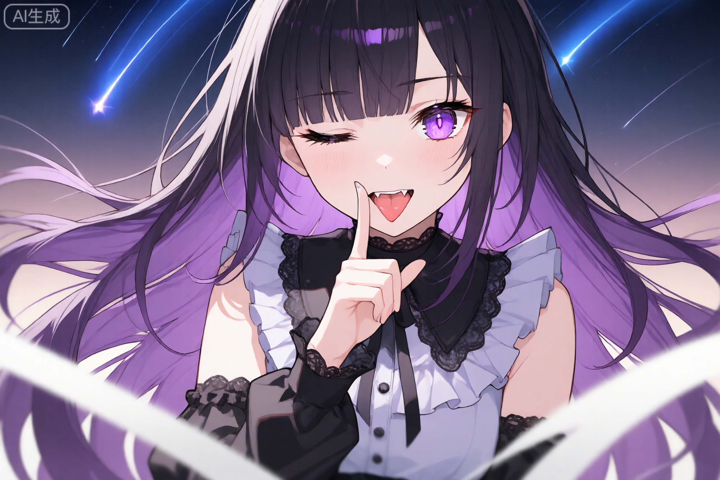  1girl, solo, 
Long hair, black hair, purple gradient hair, purple eyes, blunt bangs, hair over one eye, glowing eyes, 
gothic, lace_trim, long sleeves, frilled shirt, detached_sleeve,
upper body, (half-closed eyes), chibi, 
blurry_foreground, night, shooting stars,
looking at viewer, tongue out, fang, finger_to_mouth,
masterpiece,bestquality, [artist:AGM86997980],artist:ciloranko,artist:wlop,[artist:sho_(sho_lwlw)],artist:ask(askzy),[artist:yuriTizu],[artist:ciloranko],[[artist:sola_syu]],[artist:morikura_en],