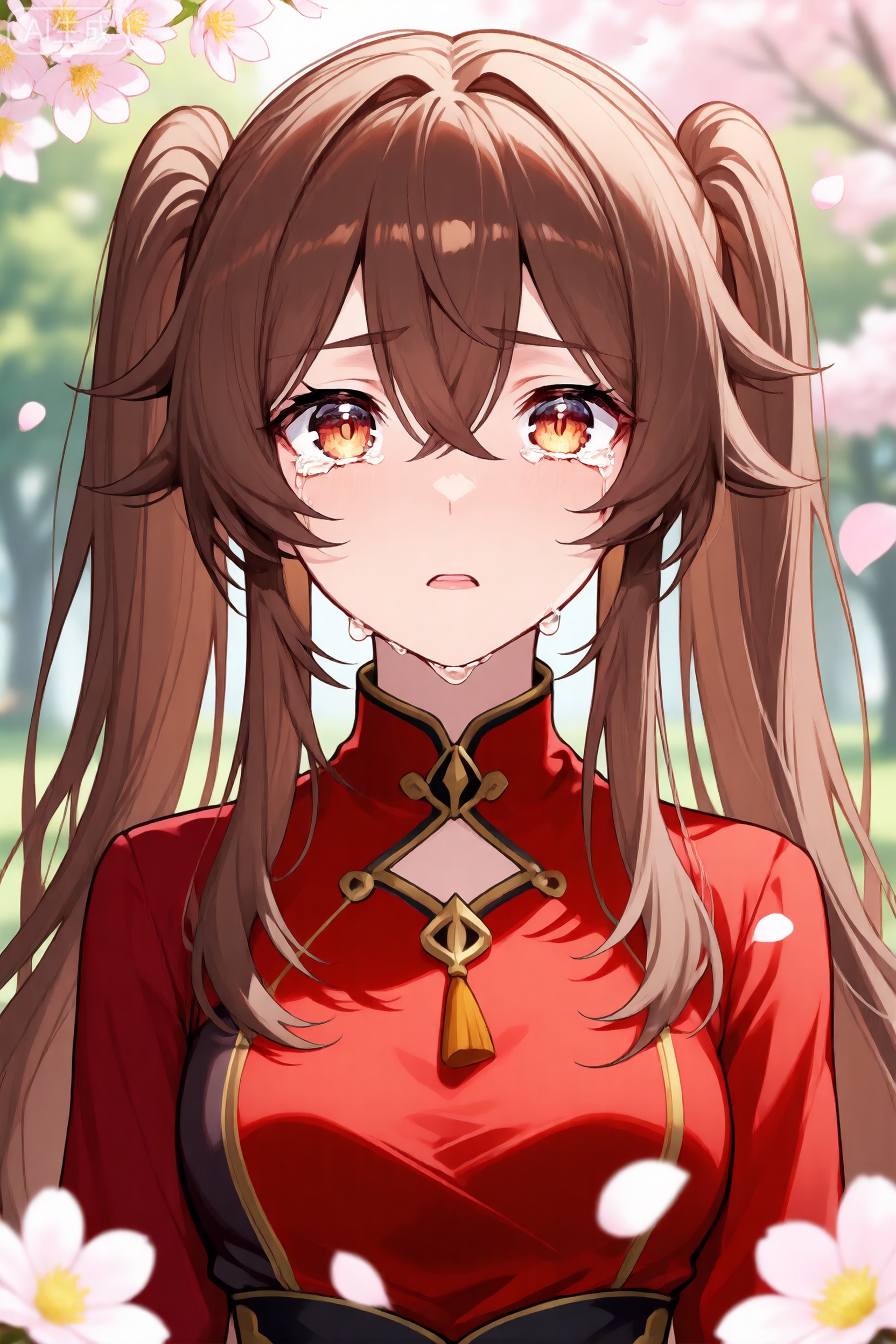 hu tao \(genshin impact\), crying, brown hair, solo, tears, long hair, crying with eyes open, flower-shaped pupils, twintails, sad, upper body, petals, blurry, shirt, parted lips, flower, outdoors, blurry background, symbol-shaped pupils, brown eyes, red shirt
