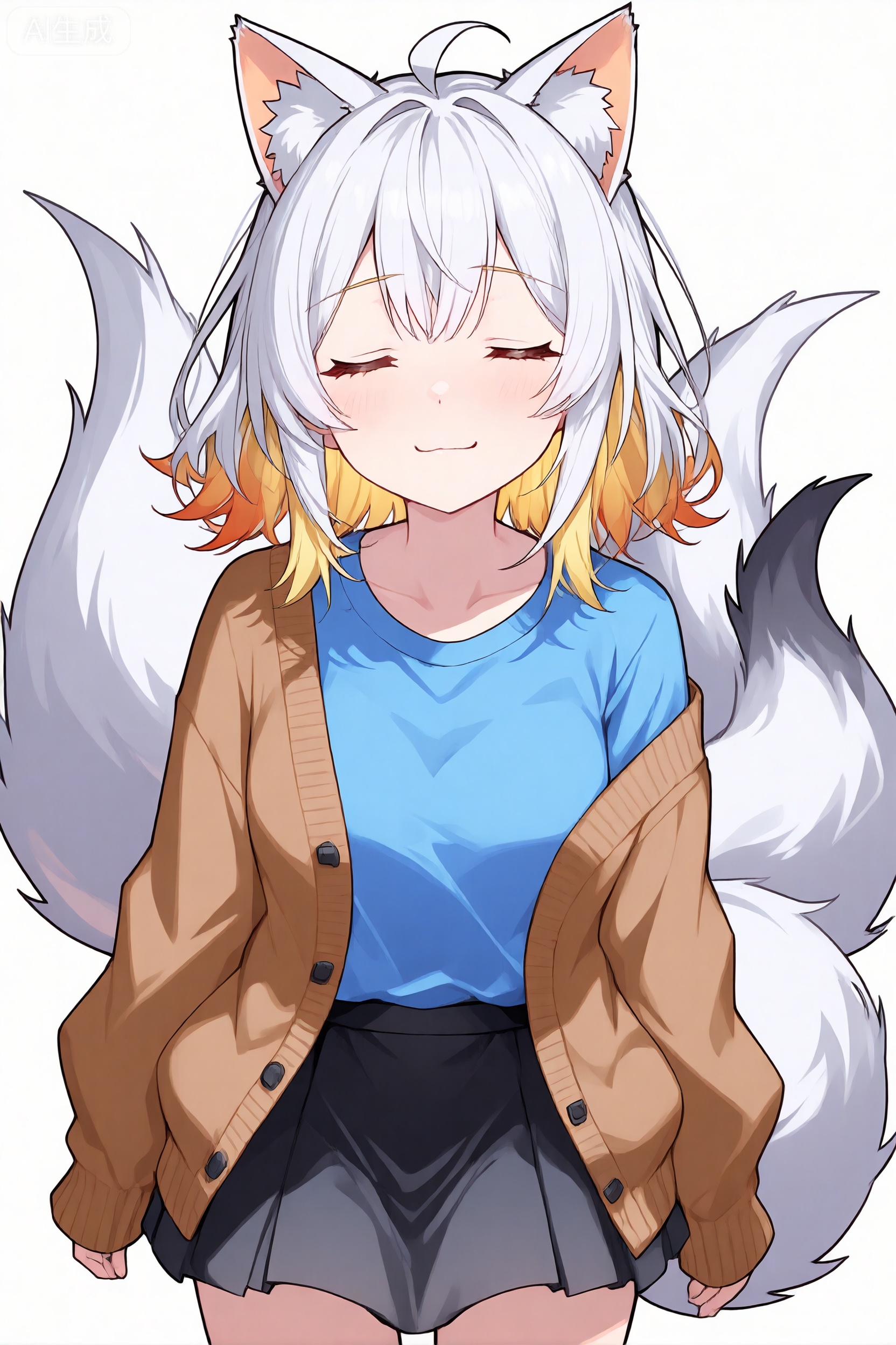  alternate_costume, animal_ear_fluff, animal_ears, arknights, blonde_hair, blue_shirt, brown_cardigan, cardigan, closed_mouth, colored_tips, commentary_request, fox_ears, fox_girl, fox_tail, grey_background, grey_skirt, highres, kitsune, kyuubi, multicolored_hair, multiple_tails, shirt, simple_background, skirt, smile, suzuran_(arknights), tail, white_hair