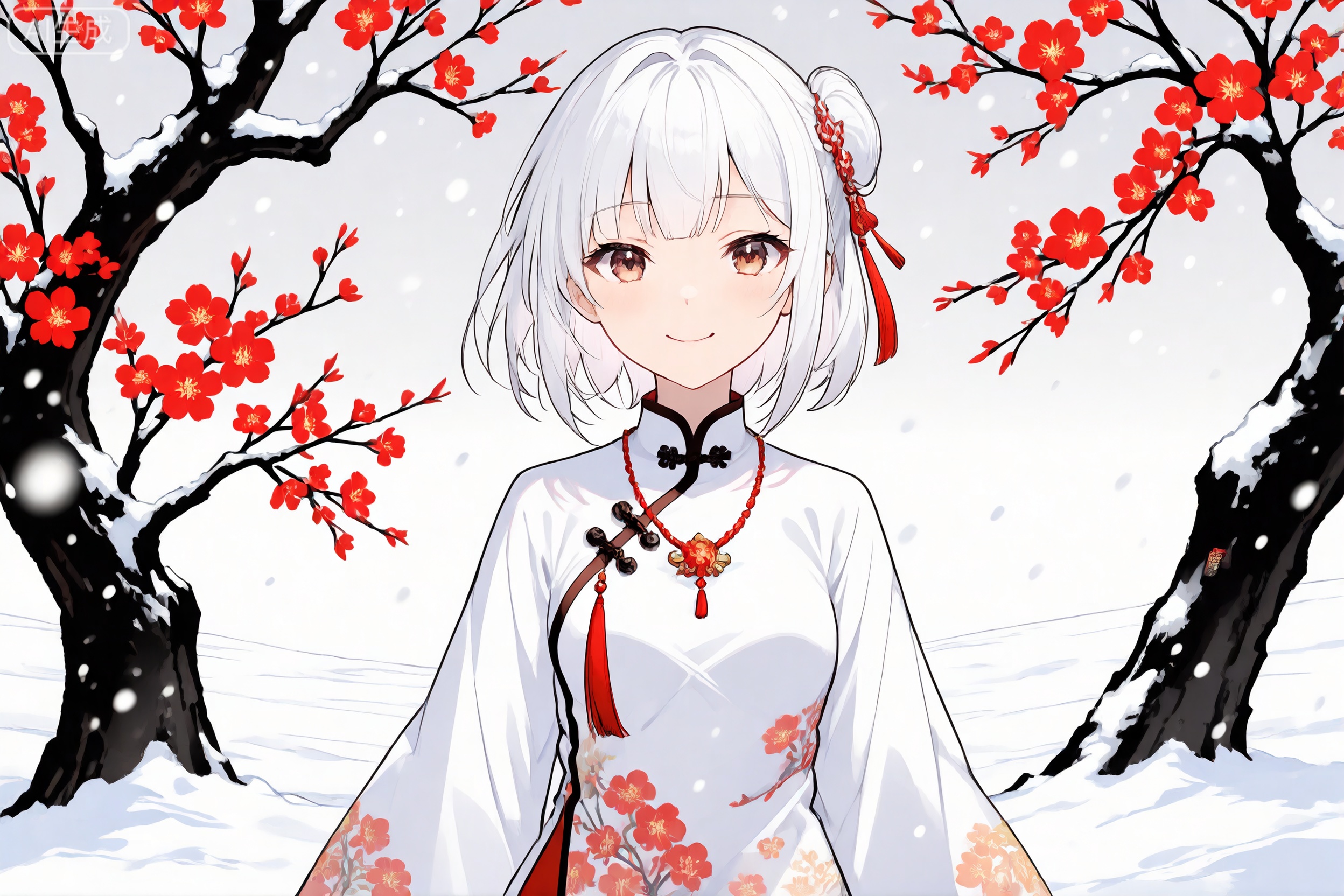  masterpiece,best quality,high quality,(colorful),[Artist miwano rag],[Artist toosaka asagi],[[[Artist wlop]]],[Artist chen bin],Artist Miv4t,in the snow, 1girl, solo, smile, short hair, white hair, brown eyes, jewelry, emotionless,hanfu,chinese_clothes,necklace, web address, snow, snowing, oil-paper,(white theme),(black theme),ink,tree,(red flowers), onnk