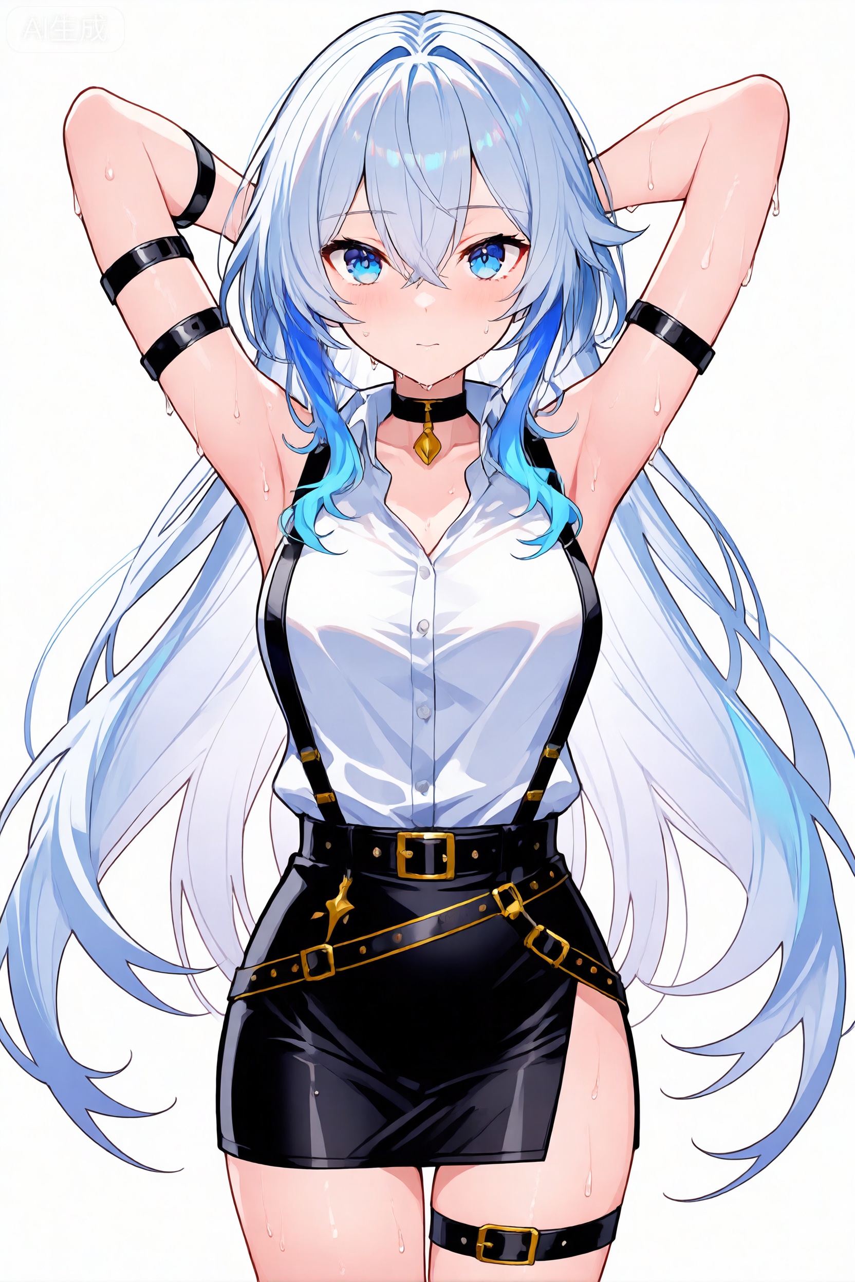 1girl, solo, long hair, skirt, breasts, shirt, high-waist skirt, wet, sleeveless, armpits, purple eyes, arms up, sleeveless shirt, looking at viewer, blue hair, white background, very long hair, multicolored hair, hair between eyes, simple background, white shirt, choker, black skirt, wet clothes, thigh strap, pencil skirt, arm strap, cowboy shot, clorinde \(genshin impact\)