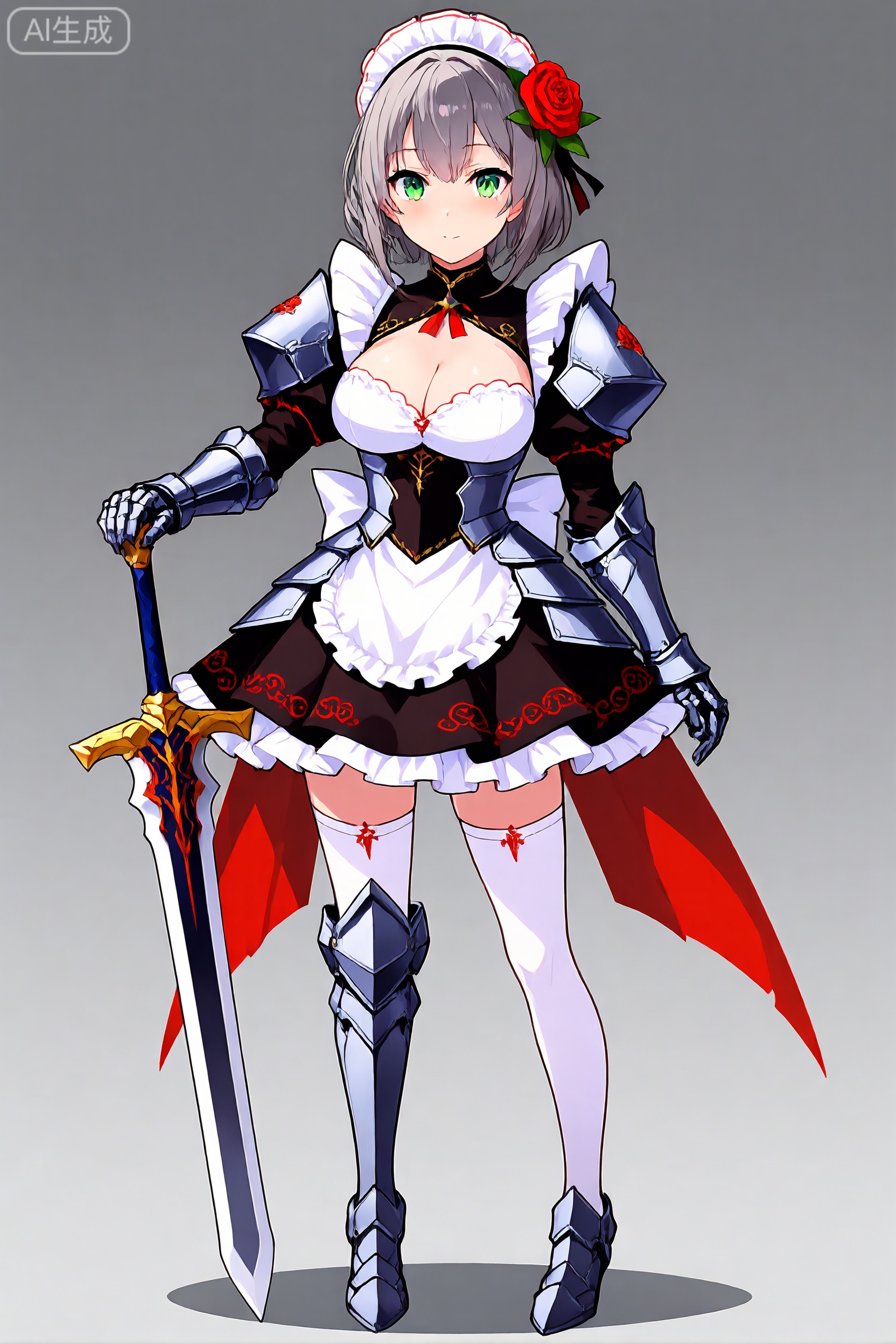 netural, noelle \(genshin impact\), breasts, 1girl, green eyes, cleavage, large breasts, flower, gauntlets, armor, weapon, braid, grey hair, sword, short hair, hair flower, rose, looking at viewer, hair ornament, holding, armored dress, pantyhose, greatsword, dress, maid headdress, holding weapon, maid, armored boots, alternate breast size, apron, holding sword, red flower