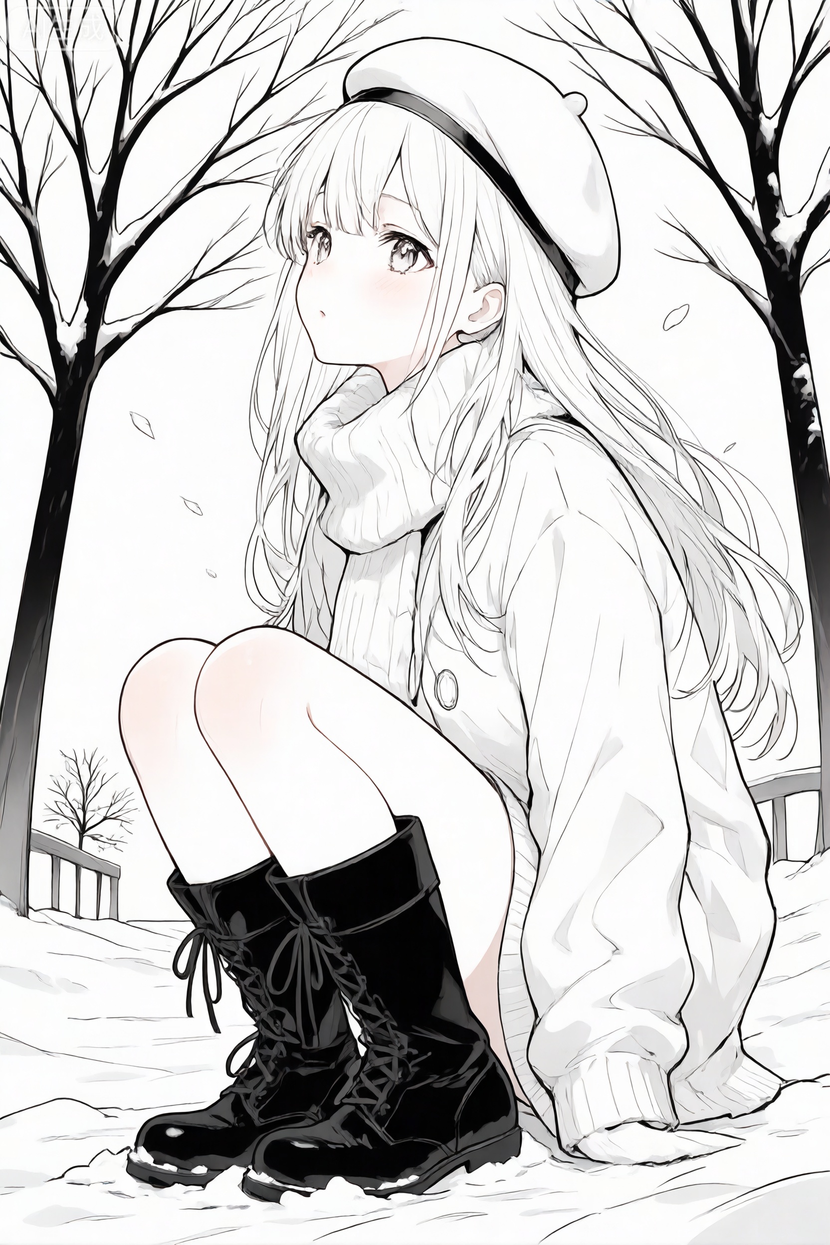  (masterpiece),(best quality),(sketch),solo,1girl,long hair,beret,knee boots,cotton boots,winter,upper body,looking_sky
