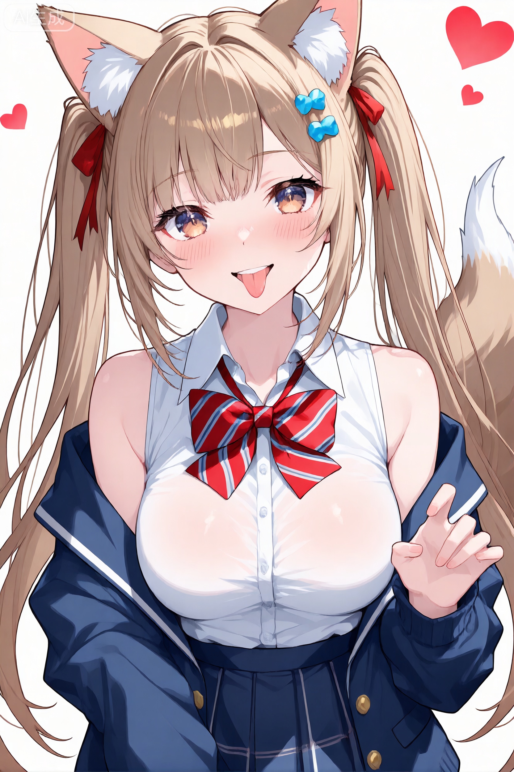 1girl, breasts, solo, animal ears, tongue, tongue out, open clothes, long hair, shirt, jacket, blue eyes, twintails, white shirt, bow, tail, red bow, collared shirt, hair ornament, open jacket, animal ear fluff, head tilt, blush, looking at viewer, long sleeves, hair between eyes, smile, areola slip, closed mouth, striped bow, blazer, upper body, sleeves past wrists, dress shirt, very long hair, cleavage, :q, blue jacket, off shoulder, open shirt, heart, large breasts, covered nipples, star \(symbol\), bowtie, fox ears, hand up, red bowtie, scrunchie, school uniform, white scrunchie, fingernails