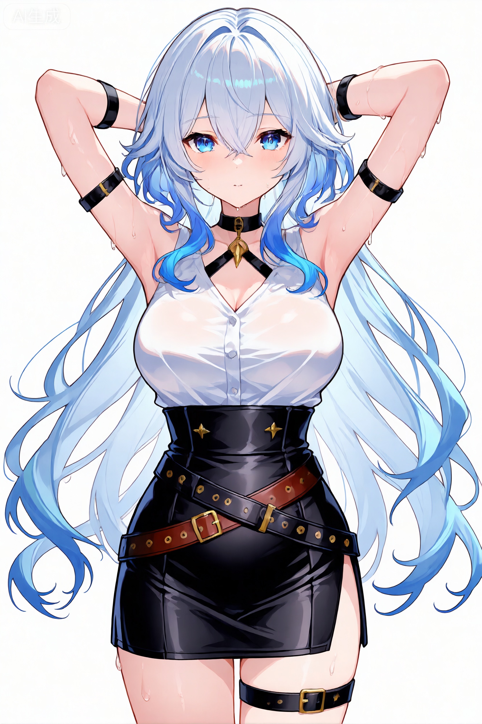 1girl, solo, long hair, skirt, breasts, shirt, high-waist skirt, wet, sleeveless, armpits, purple eyes, arms up, sleeveless shirt, looking at viewer, blue hair, white background, very long hair, multicolored hair, hair between eyes, simple background, white shirt, choker, black skirt, wet clothes, thigh strap, pencil skirt, arm strap, cowboy shot, clorinde \(genshin impact\)