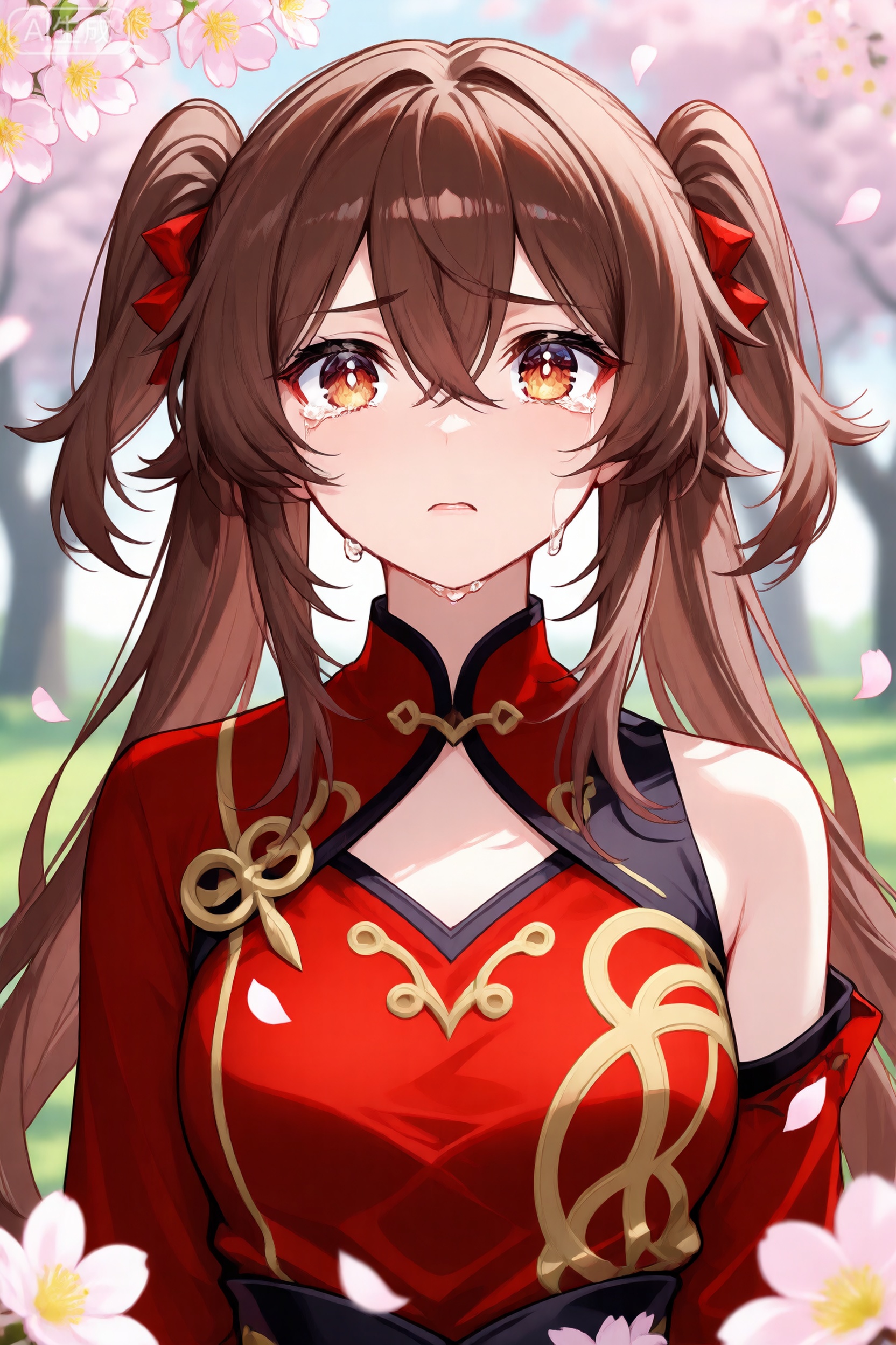 hu tao \(genshin impact\), crying, brown hair, solo, tears, long hair, crying with eyes open, flower-shaped pupils, twintails, sad, upper body, petals, blurry, shirt, parted lips, flower, outdoors, blurry background, symbol-shaped pupils, brown eyes, red shirt