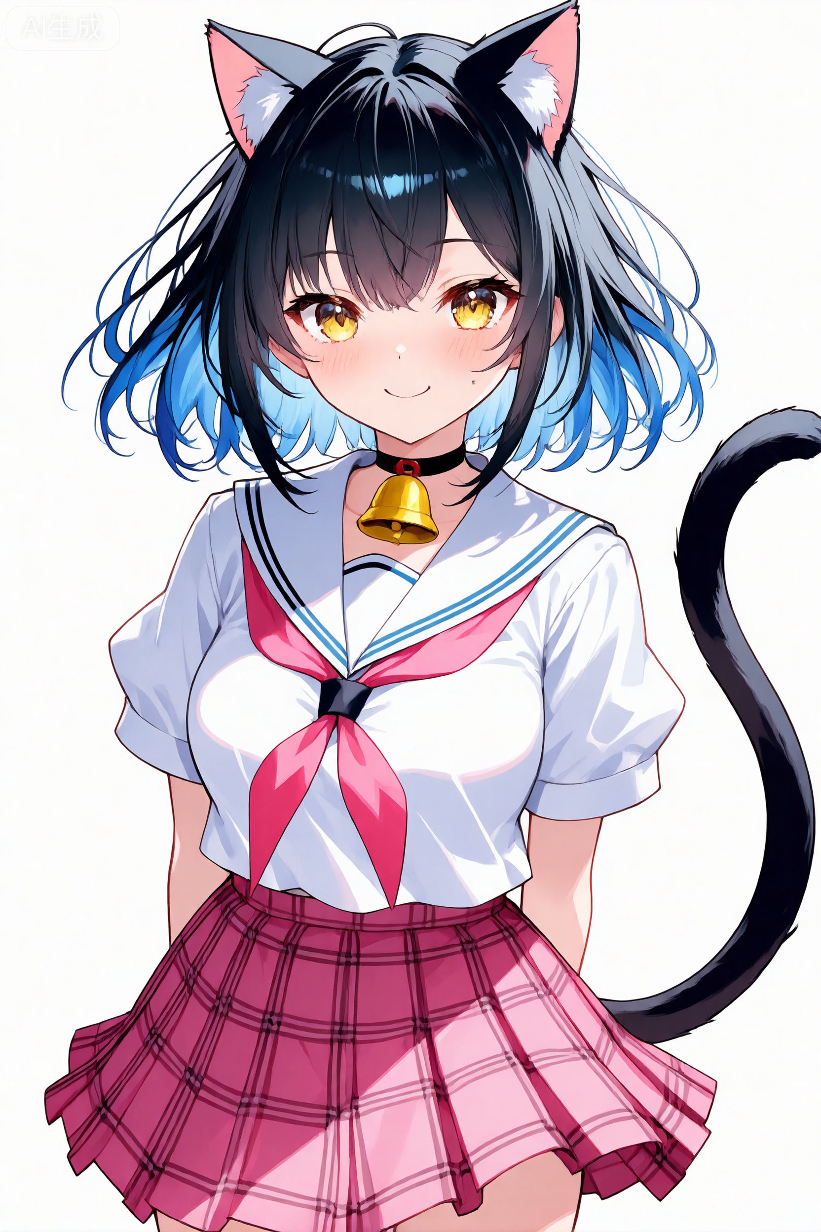 1girl, animal ears, solo, skirt, tail, bell, pink skirt, yellow eyes, cat ears, cat tail, neck bell, short sleeves, black hair, plaid, smile, school uniform, sailor collar, plaid skirt, shirt, white shirt, looking at viewer, white sailor collar, cat girl, closed mouth, blush, short hair, collar, neckerchief, puffy sleeves, animal ear fluff, white background, jingle bell, pleated skirt, blue hair, multicolored hair, puffy short sleeves, serafuku