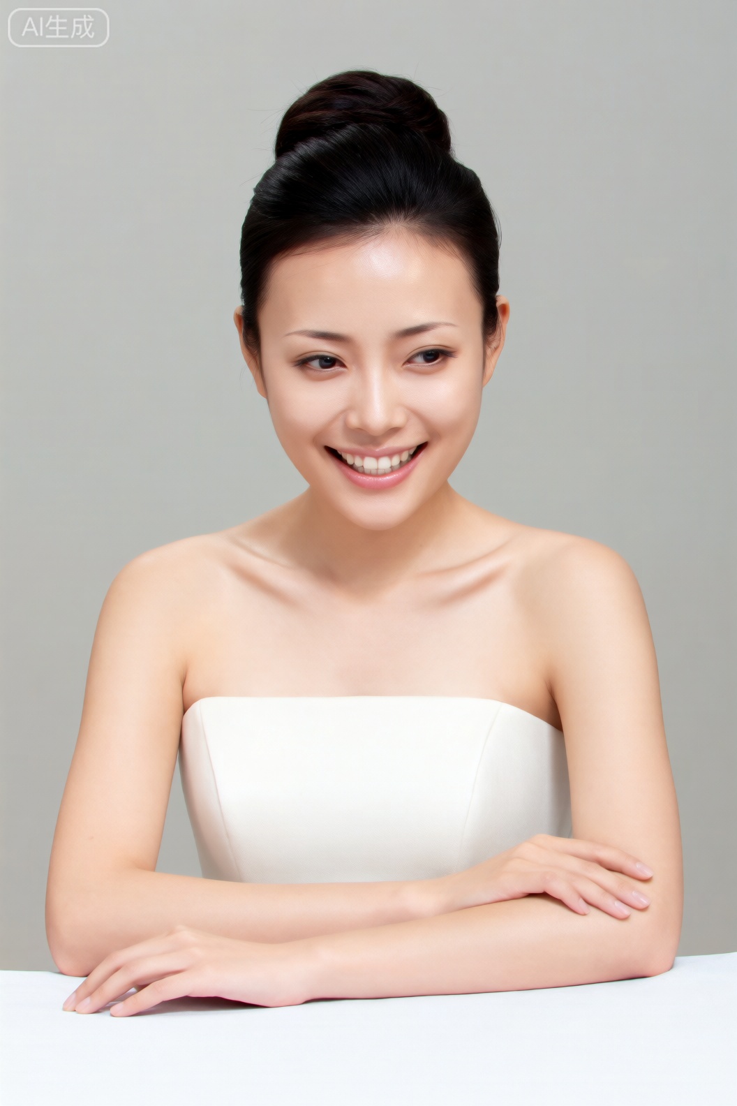 The image shows a young woman with dark hair styled in an elegant updo. She is wearing a strapless white dress, and her hands are resting on a surface in front of her. The background is a plain, light grey, which provides a clean and simple backdrop, allowing the subject to stand out prominently. The woman is smiling warmly, with her teeth visible, giving a cheerful and approachable expression. 