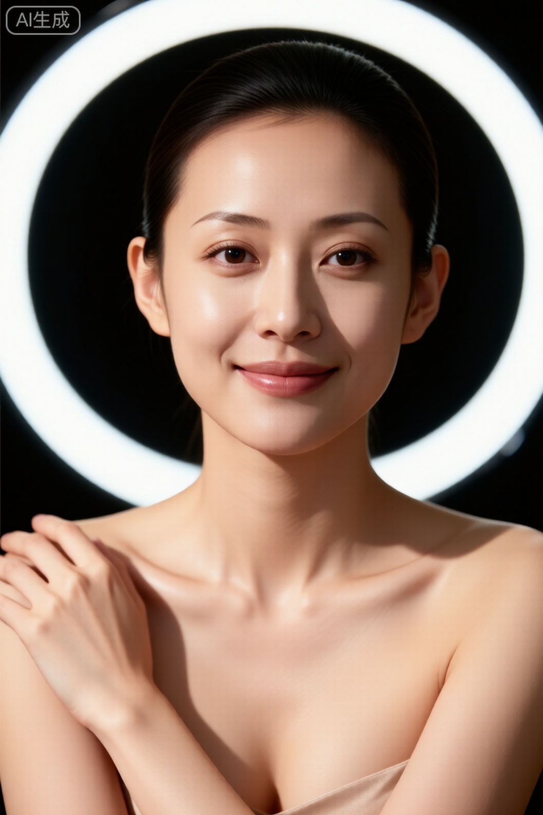【器材】佳能EOS R5,50mm F1.2 镜头,f/1.8 光圈,ISO 80,1/160s 快门；【光线】环形光+ 底部补光（无暗角）,光线包裹完整头部（含发际线、耳后）与胸部；【姿势表情】人物正面微抬下颌,头部完全入镜（发顶无裁切）,双手轻搭肩头凸显乳沟,嘴角含温柔笑意；【呈现】近景刻画完整头部+ 肌肤柔润光泽,乳沟轮廓清晰,无光线死角与头部局部裁切。