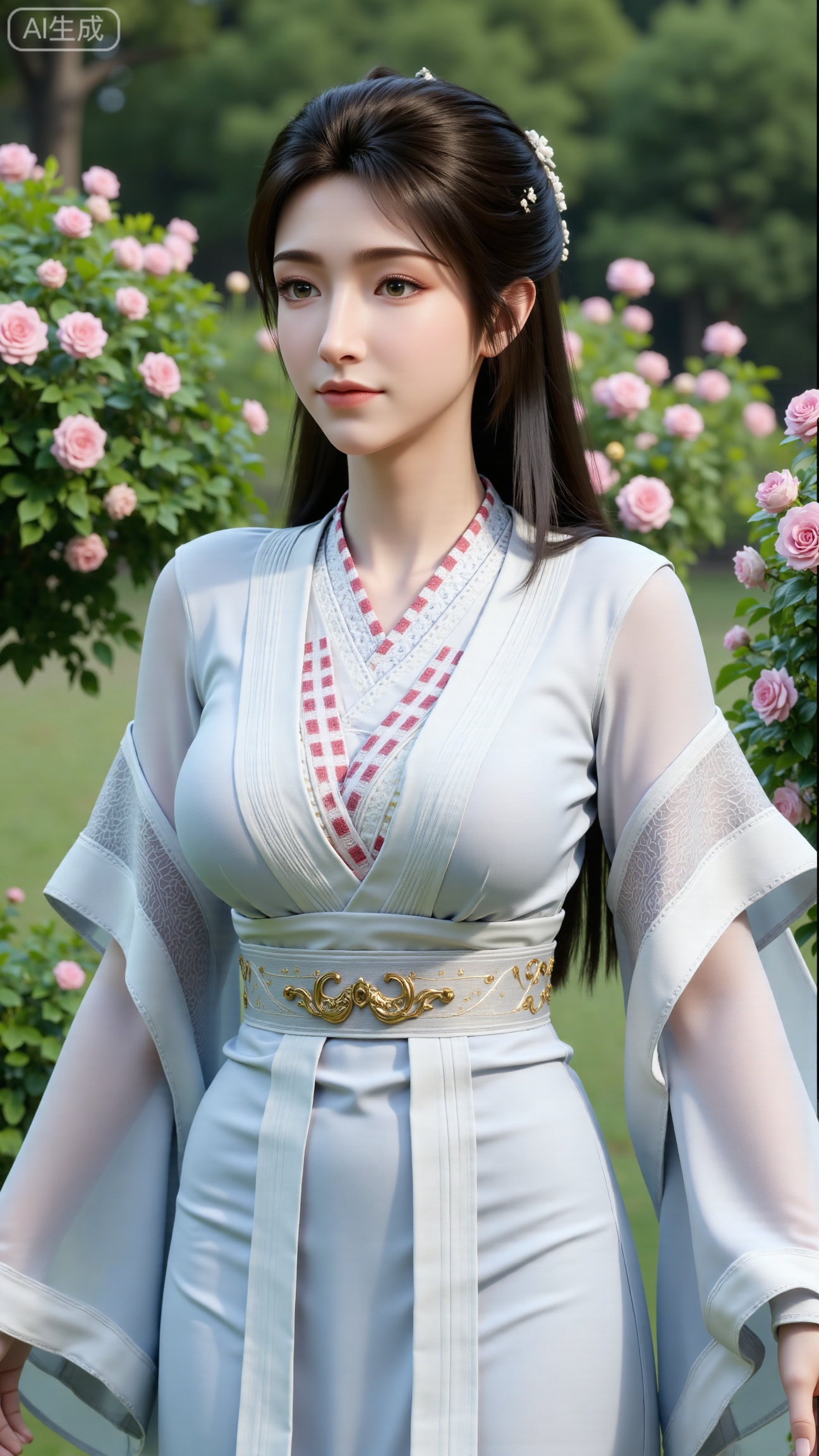  (masterpiece:1.2),best quality,,A woman adorned in traditional Chinese attire,( long dress,black long hair),featuring a flowing robe with intricate embroidery and floral accents. A garden filled with pink roses and lush greenery. Soft pastel hues of white,blue,and green,creating a serene atmosphere. Photorealistic photography.,(huge breasts:2.99),(full breasts:2.99),,XbaifengsongyuYH,Xbigbreasts,XxinruyinX,XxinruyinXM,XhnayunzhiXYH,XhanyunzhiXY
