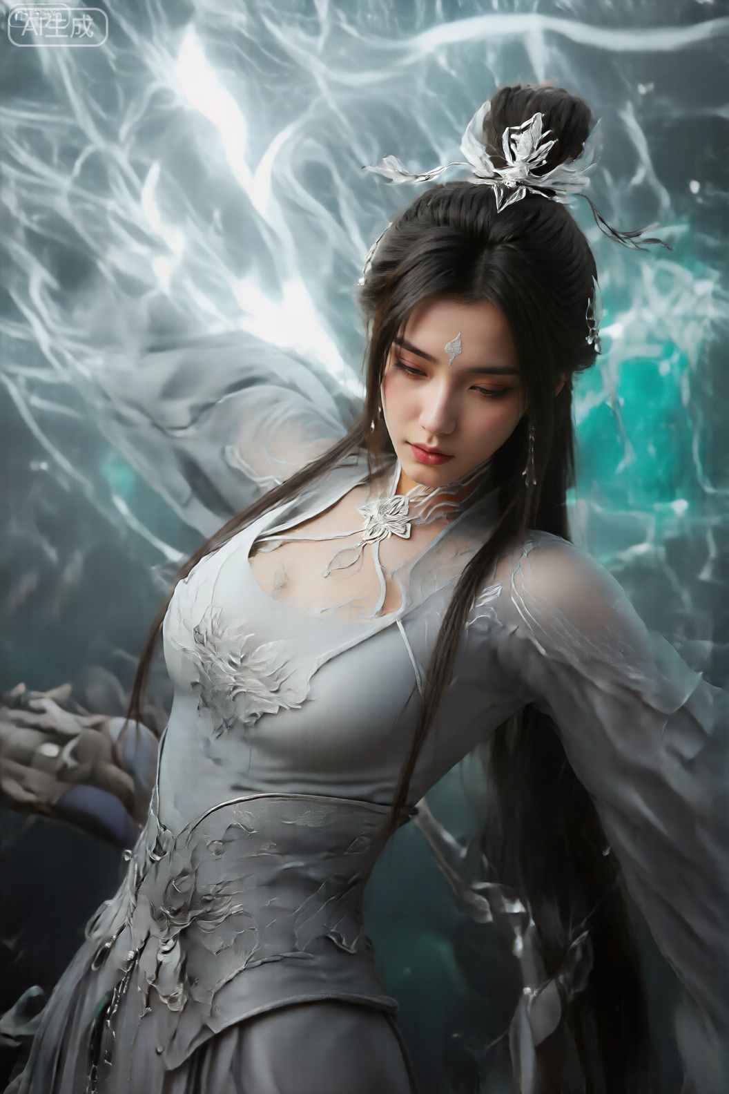 该图像的特色是一个年轻的女子,长长的黑发造型在装饰有银色发夹的高发bun中。她穿着传统,优雅,浅灰色的连衣裙,带有复杂的银色图案和流动的袖子。她的眼睛轻轻地闭上了,脸上有一个宁静的表情。在她的脖子上,她戴着一条银色项链,上面有一个巨大的详细吊坠。背景是一个动态的,空灵的场景,带有旋转,发光的白色和绿色能量图案,给人以神奇或超自然力量的印象。她的肩膀附近有一些角色,还有其他角色在她的腰部。整体美学是戏剧性和神秘的。