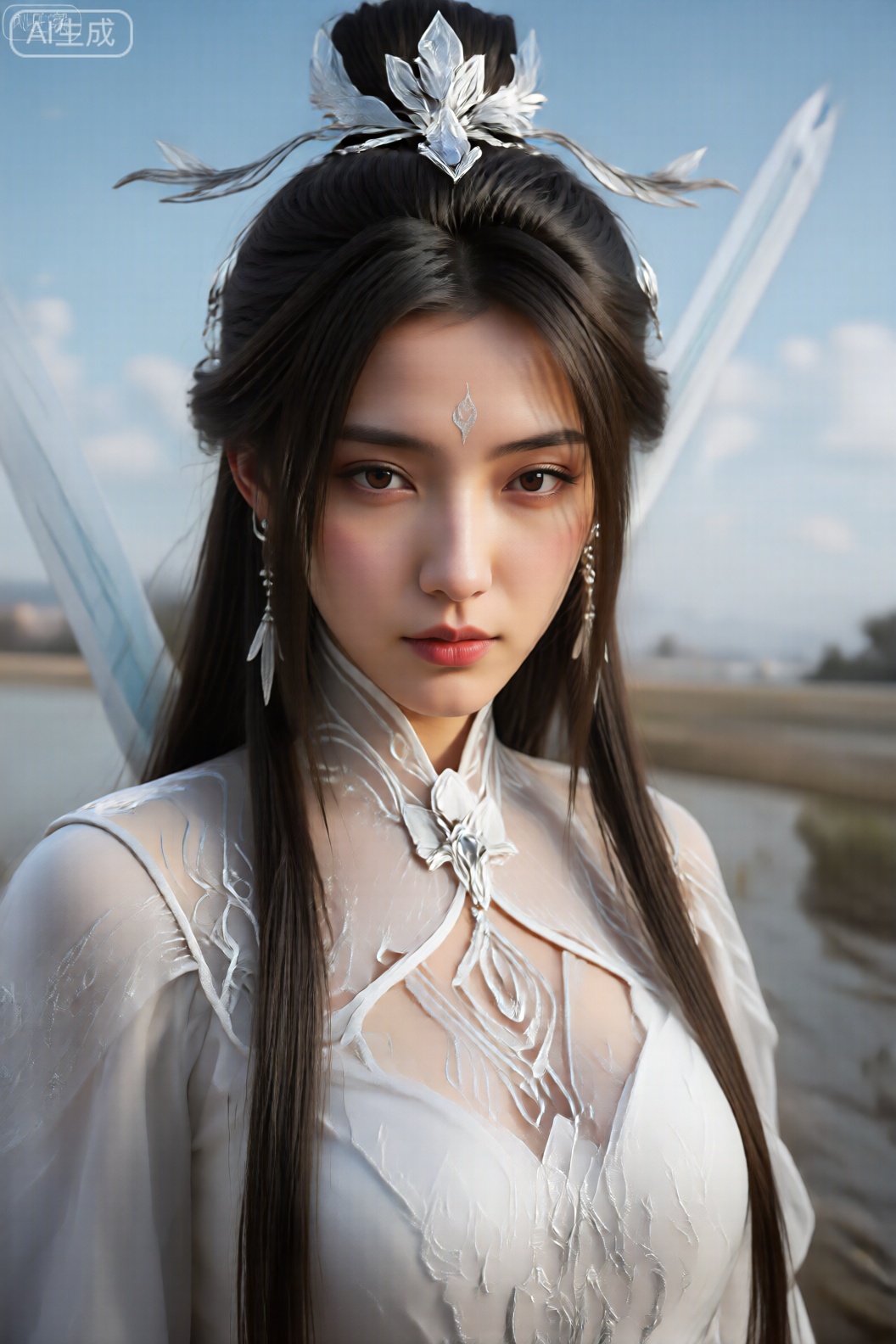 该图像描绘了一个长长,直,深色头发的女性,饰有优雅的更新,上面装饰有一个银色的花朵发型,带有精致的翅膀般的延伸。她的面部特征细致了,杏仁形的大眼睛,小鼻子和丰满的嘴唇。在她的额头上,有一个小的钻石形标记。她穿着高领,白色的衣服,带有复杂的银色刺绣和类似花卉和几何设计的图案。织物似乎是纯粹和流动的,绣有刺绣,从而产生了深度和质地的感觉。在她后面,可见蓝天的蓝天,远处有一个模糊的景观,暗示室外环境。整体美学是空灵和超凡脱俗的,重点是精致的细节和优雅感。
