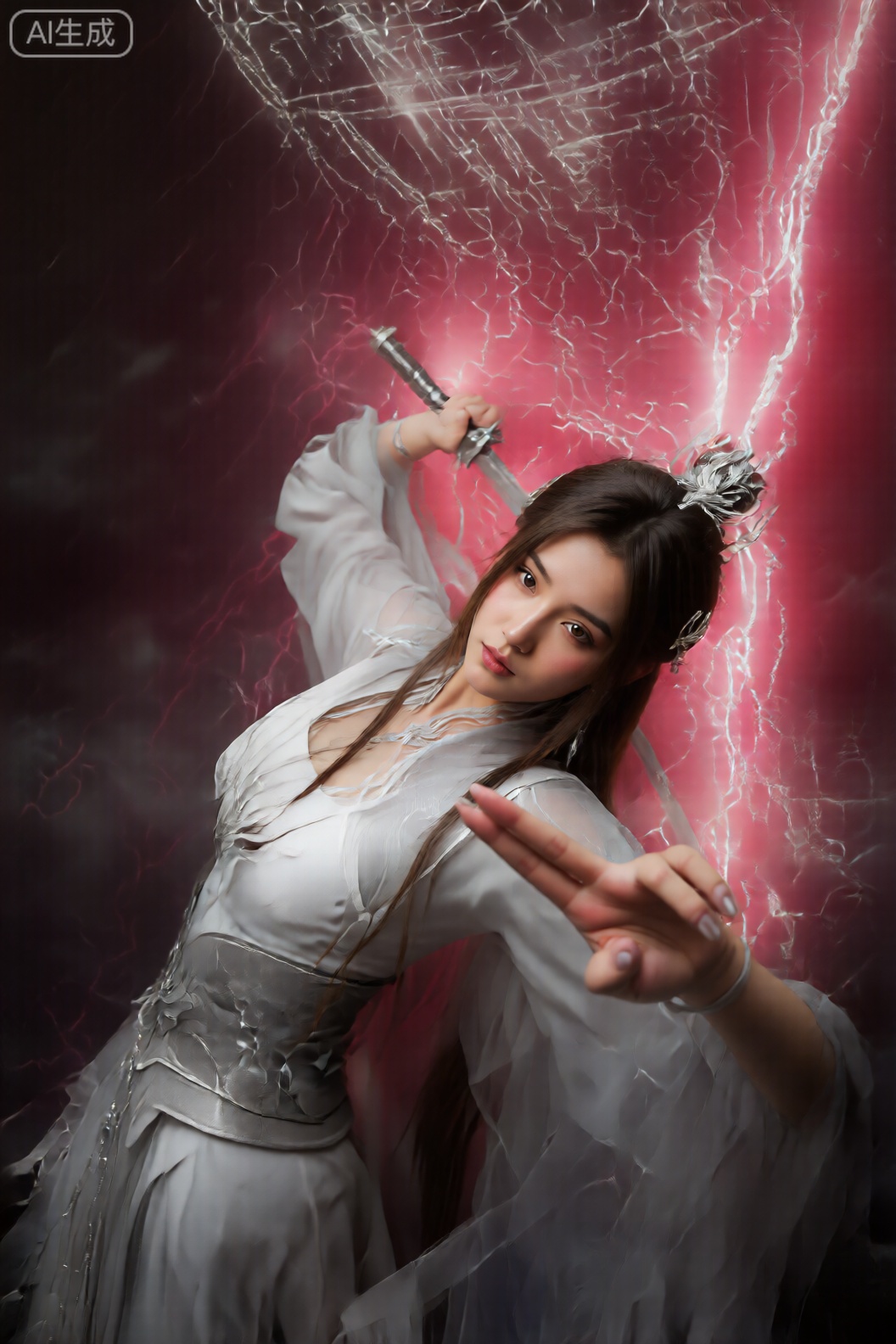 该图像的特色是一个年轻的女人,有着长棕色的头发,配有银色发夹,穿着白色和银色幻想风格的服装,其中包括装甲般的元素和飘逸的织物。她的右手握着一支员工或剑,而左手则用两个手指伸出手势。背景以深色的色调为主导,充满活力,电粉红色和红色闪电效果,营造出动态而强烈的气氛。在场景的上部可见一个发光,错综复杂的标志或符号,增强了梦幻般的强大主题。该组成强调了角色的动态姿势和光和能量的戏剧性相互作用。