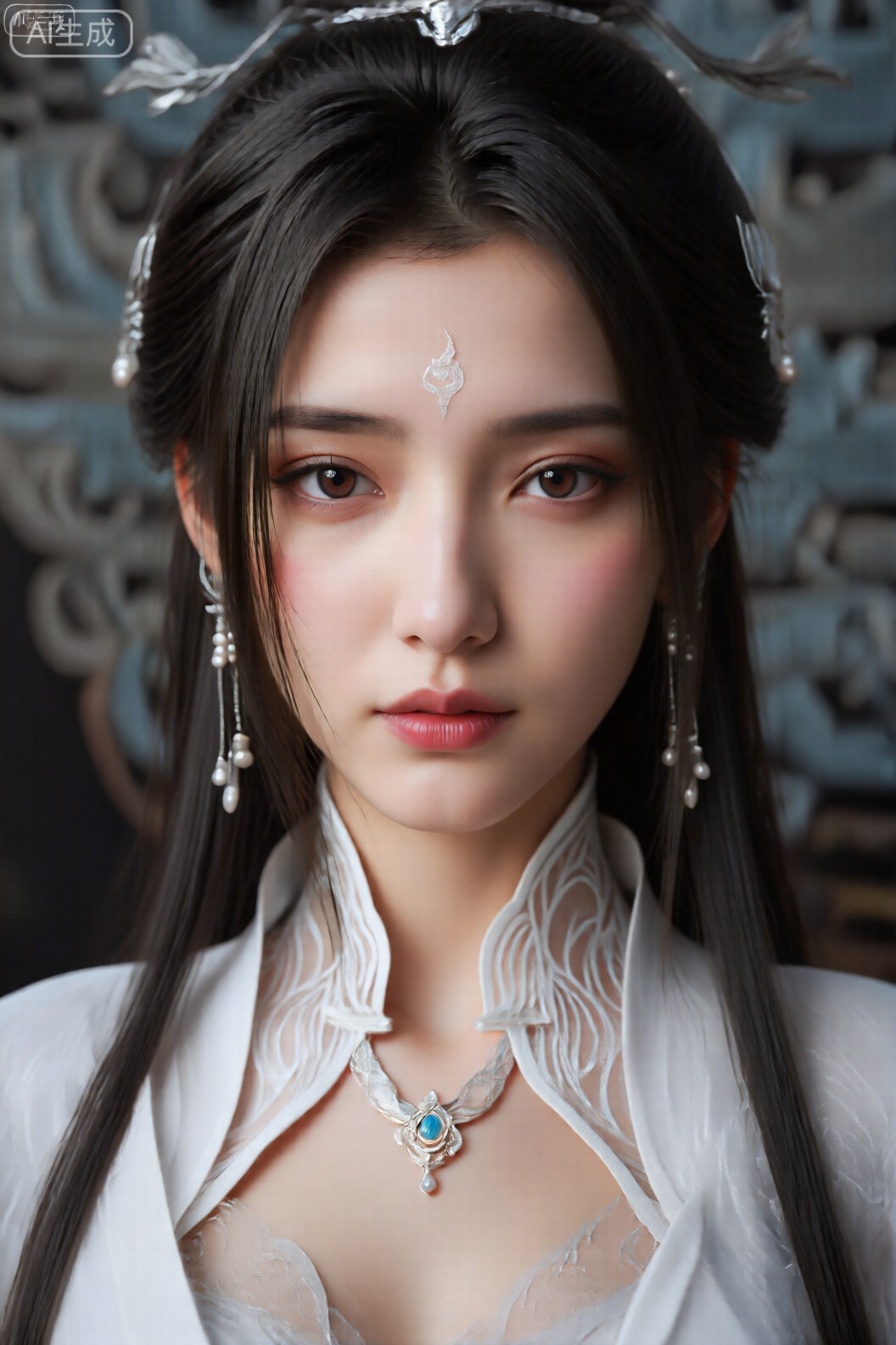 图像中显示了一个长长,直发的女人。她穿着一件白色传统的中国服装,带有复杂的图案。她的头发上装饰着银色发夹,她的头发上有珍珠和水晶细节的长长的耳环。她的眼睛大而富有表现力,额头上有一个小而复杂的设计。她还戴着一条精致的项链,中央有一个蓝色的宝石,周围是银色的装饰。背景是模糊的,但似乎是一种传统的中国环境,带有蓝色和白色的装饰元素。图像的整体风格优雅而精致。