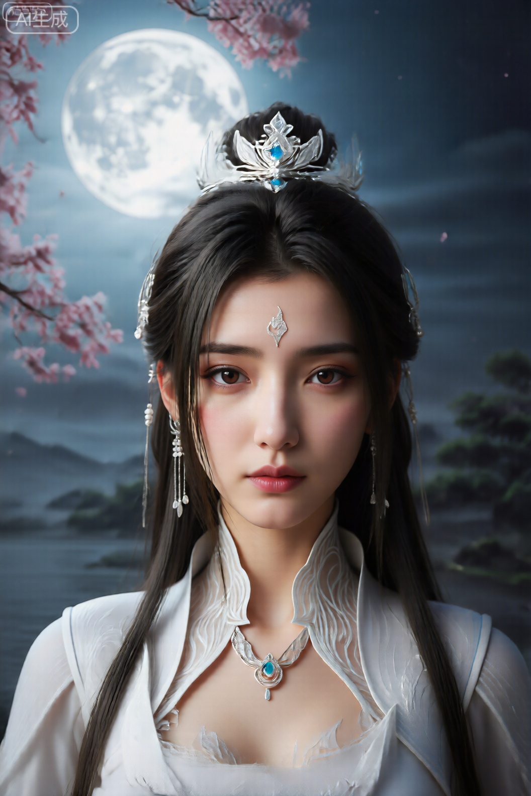 一个长而直的黑发的年轻女子是中心人物,戴着一个带有复杂设计的银色皇冠和钻石形的额头装饰品。她的服装包括一件高领的白色服装,带有精致的图案和一条带有蓝色宝石的银色项链。她的眼睛大而富有表现力,她的表情很平静。背景描绘了一个夜幕,满月主导着天空,从浅蓝色过渡到黑暗。树枝上的粉红色樱花在左侧可见,花瓣轻轻掉落。也存在着水,遥远的山脉和树木,营造出宁静的空灵气氛。整体心情是宁静的,将自然元素与梦幻般的天体主题融为一体。