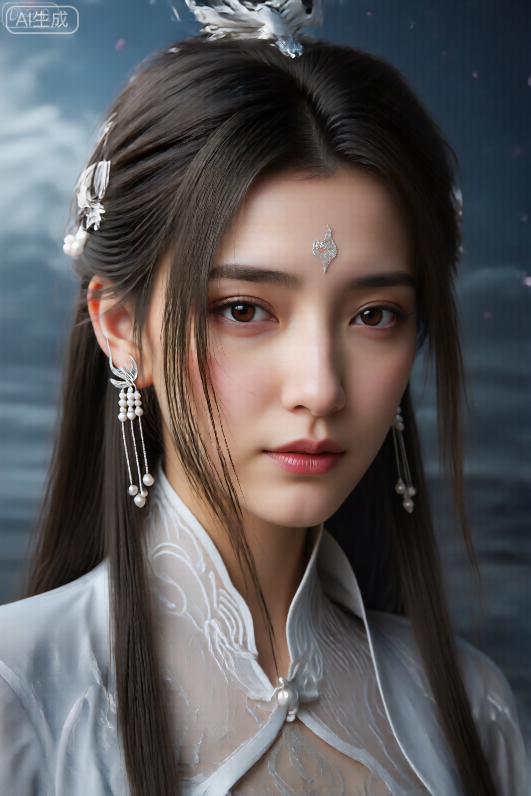 图像的特点是一个长长,直,深棕色头发的人,落在他们的背上。他们的头发在左侧装饰有细腻的银色发夹,以及形状像花一样悬挂的珍珠的花朵的匹配的银耳环。该人在眉毛之间的额头上有一个小而复杂的银色装饰品。他们的眼睛大又棕色,他们的嘴唇略微分开,表情平静,表情,露出一丝红色的唇膏。该人穿着浅灰色或银色的传统服装,带有高领的,具有复杂的花边样式。背景是黑暗,喜怒无常的风景,有着多云的天空,遥远的山脉和一些粉红色的花瓣漂浮在空中。整体氛围是宁静的,有点空灵,重点是该人的优雅外观和戏剧性的背景。