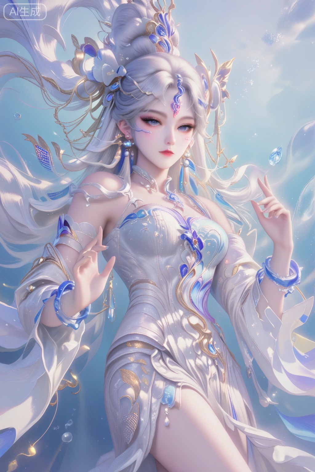 女娲蛇年限定,score_9,score_8_up,1girl, solo, long hair, blue eyes, hair ornament,  dress, bare shoulders, jewelry, white hair, earrings, detached sleeves, white dress, bracelet, facial mark, forehead mark,