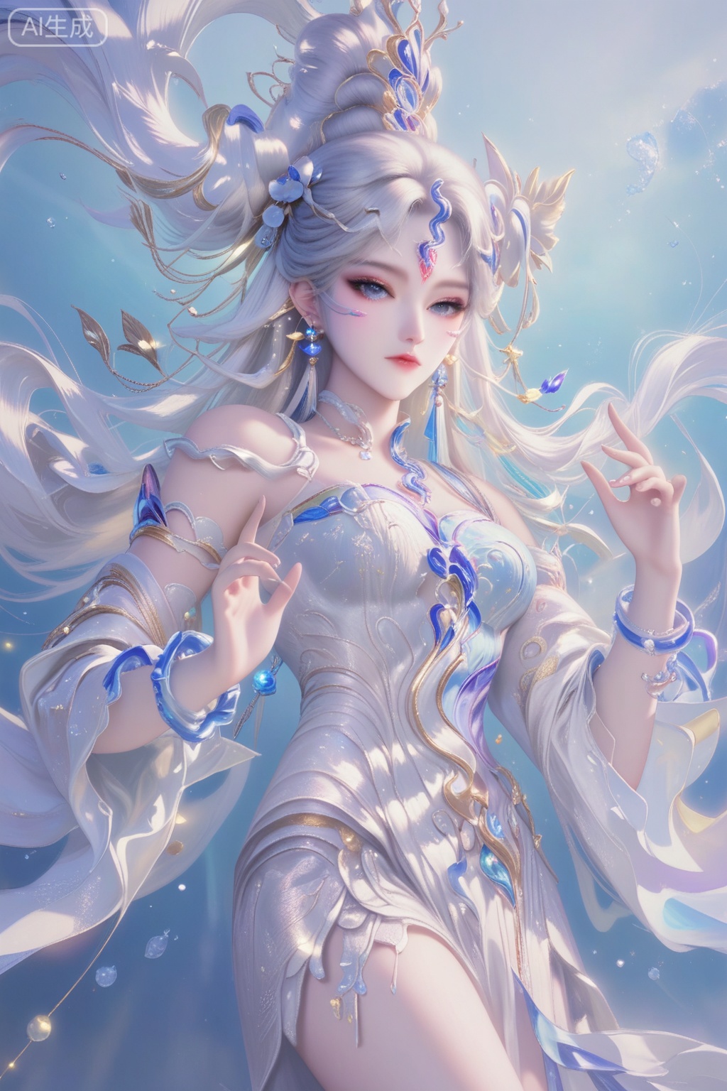 女娲蛇年限定,score_9,score_8_up,1girl, solo, long hair, blue eyes, hair ornament,  dress, bare shoulders, jewelry, white hair, earrings, detached sleeves, white dress, bracelet, facial mark, forehead mark,