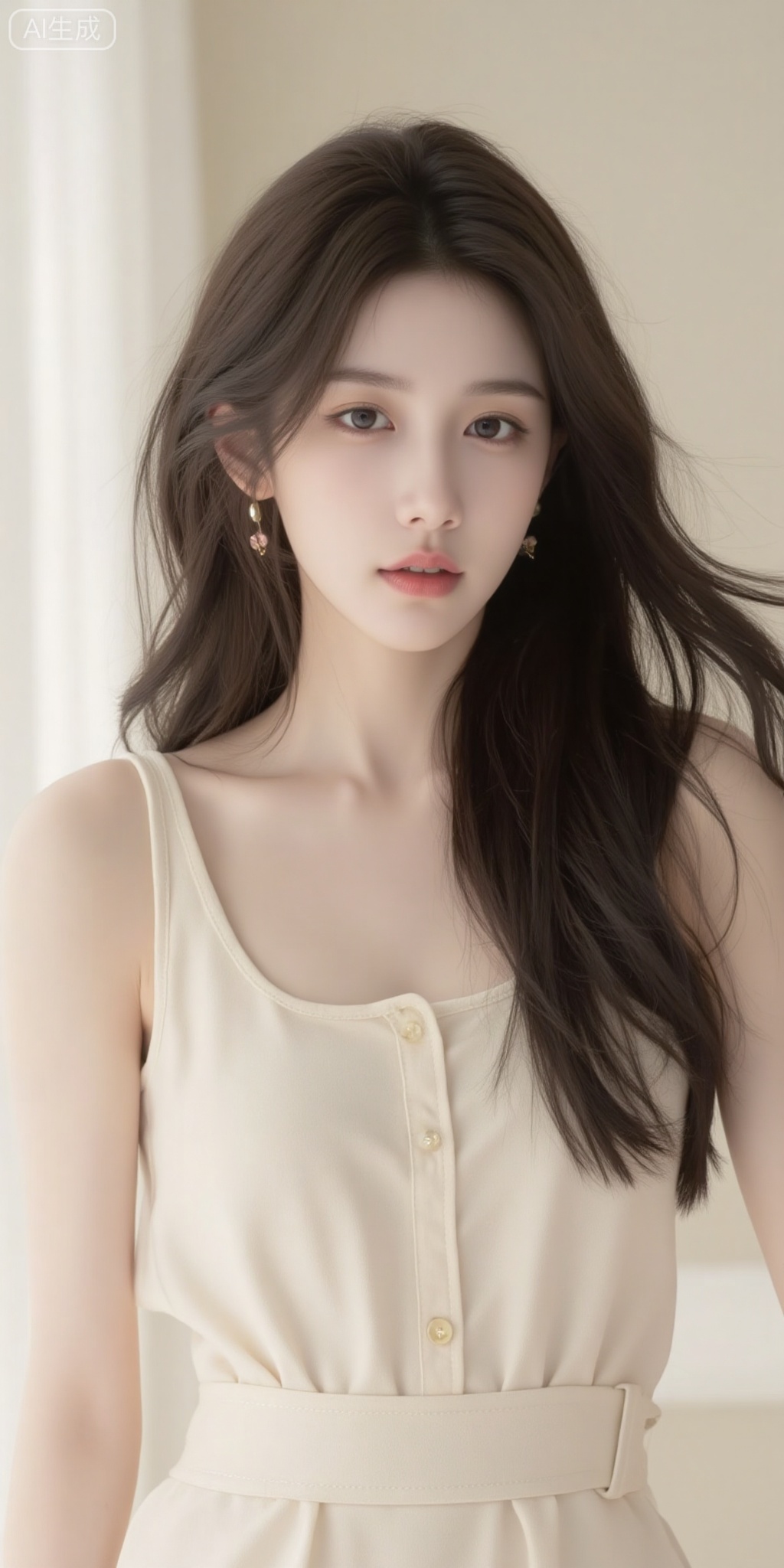 XY, A young woman,hyperrealistic portrait,with long,flowing,dark brown hair.  Soft,natural light illuminates her face,casting subtle shadows.  Her skin is smooth and porcelain-like,with light peachy tones. She is wearing a simple,cream-colored linen sleeveless dress,with visible texture and subtle creases.  The dress has a scoop neckline and a front closure with small,button-like details.  The woman's posture is relaxed and engaging.  She has delicate,light-colored earrings with a floral or leaf  design.  The background is a soft,off-white and subtle cream. The lighting is soft and diffused,creating a gentle,airy atmosphere.  Focus on the face and shoulders.  Slight bokeh effect.,