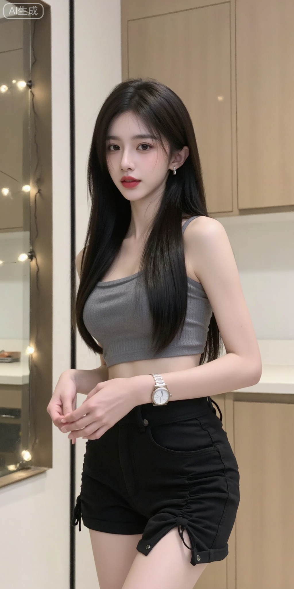 XY, This photograph depicts a young woman from East Asia. She has long, black hair that is straight in style; she is wearing a tight-fitting, gray crop-top that accentuates her moderately sized breasts; she also paired this top with a pair of black shorts, which further highlight the curves of her hips. The setting in the photo is a modern kitchen: the cabinets are beige in color, and the countertops are white; on the left side of the kitchen, there is a mirror adorned with string lights. The woman’s lips are painted in a bright red color, and her facial expression appears very natural and peaceful.