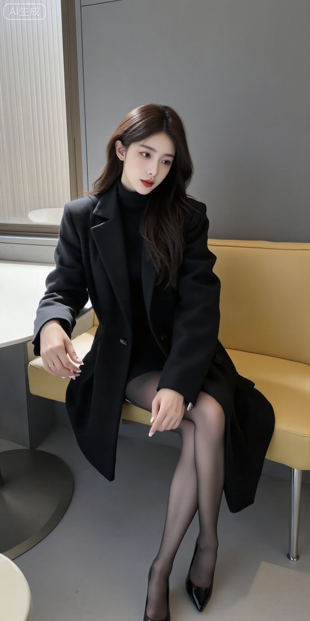 XY,A young woman in her twenties with long,dark,flowing hair sits thoughtfully inside a modern room,her gaze directed away from the viewer. Her face features fair,smooth skin and is accentuated by bold red lipstick,creating a striking focal point. She is dressed in a sophisticated all-black ensemble,consisting of a turtleneck sweater layered under a heavy,double-breasted wool coat. The woman maintains an elegant posture on a yellow chair,with her legs crossed to reveal sheer black stockings and pointed-toe stiletto heels. Her hands are gently clasped atop a white table in front of her. The setting is minimalist,with a gray tiled floor,a simple bench structure,and a large window covered by vertical blinds that cast a soft,directional light onto the scene,highlighting the textures of her attire. A strong contrast exists between her dark clothing,her pale complexion,and the vibrant red of her lips,all composed within a medium shot that places her as the clear subject in a quiet,contemplative moment,8K,HDR, Ultra High Definition, Photography, Extremely Fine, High Quality, High Resolution, Extremely Fine, Realistic Photos, Best Quality, Masterpiece, Surrealism, Photos, Real Skin, Delicate Skin, Fair Skin, Realistic, Realistic,Realistic color reproduction, natural light and shadow, realistic and delicate texture, authentic texture, precise exposure, no noise, vivid and realistic, rich details, photo realism, top quality, photography works, ultra-high image quality, fine and meticulous, ultra-high quality photos, vivid colors, ultimate delicacy, real photos, delicate and meticulous photos, master works, photography master works, like photos, very realistic photos,
Negative prompt: ng_deepnegative_v1_75t,(badhandv4:1.2),EasyNegative,(worst quality:2),
Steps: 25,Size: 824x1536,Seed: -1,Model: 暄妍_极致小红书抖音快手爆款御姐, 暄妍-F.1极致绘世智颜,Sampler: Euler,useLcm: false,CFG scale: 3.5,Clip skip: undefined,